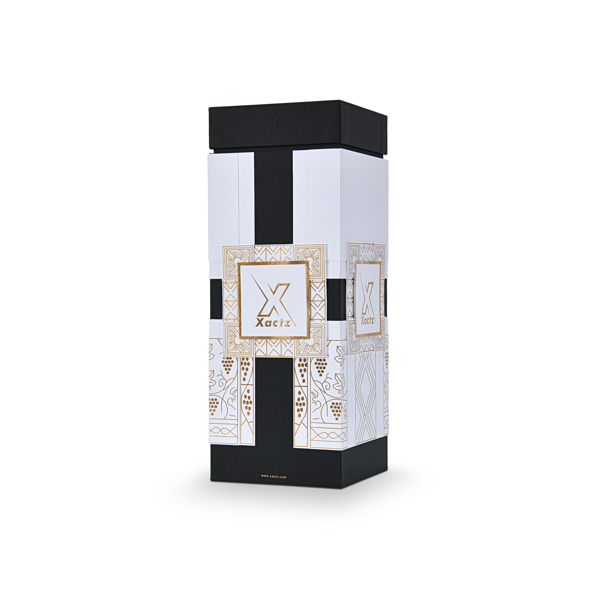 Three quarter angled view of a custom black rigid wine gift box with collared lid and base displaying the full gold foil geometric grape vine illustration wrapping around the white body panels with a matte black lid and collar