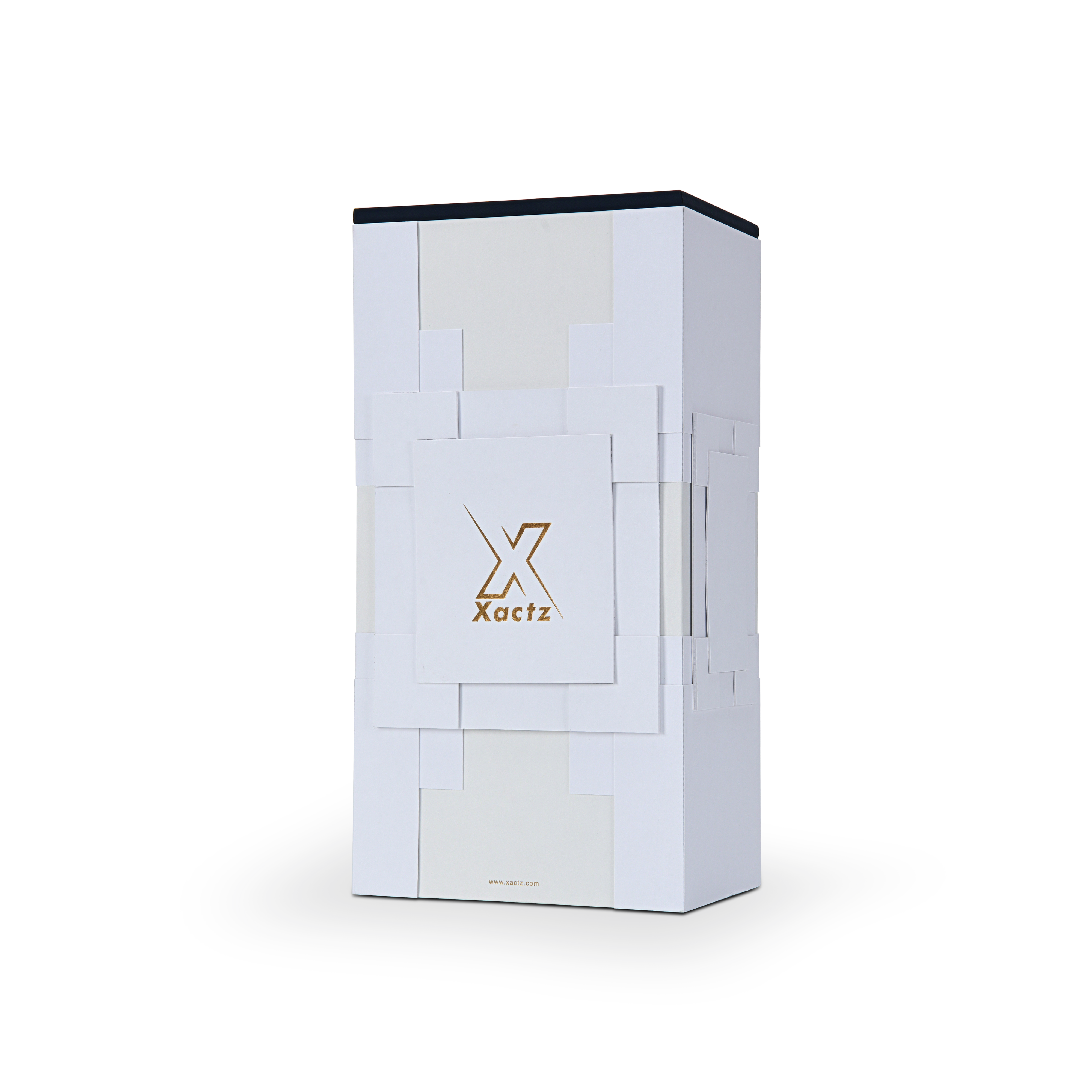 Three-quarter perspective view of the luxury custom wine box highlighting the multi-layered white geometric card shell engineering.