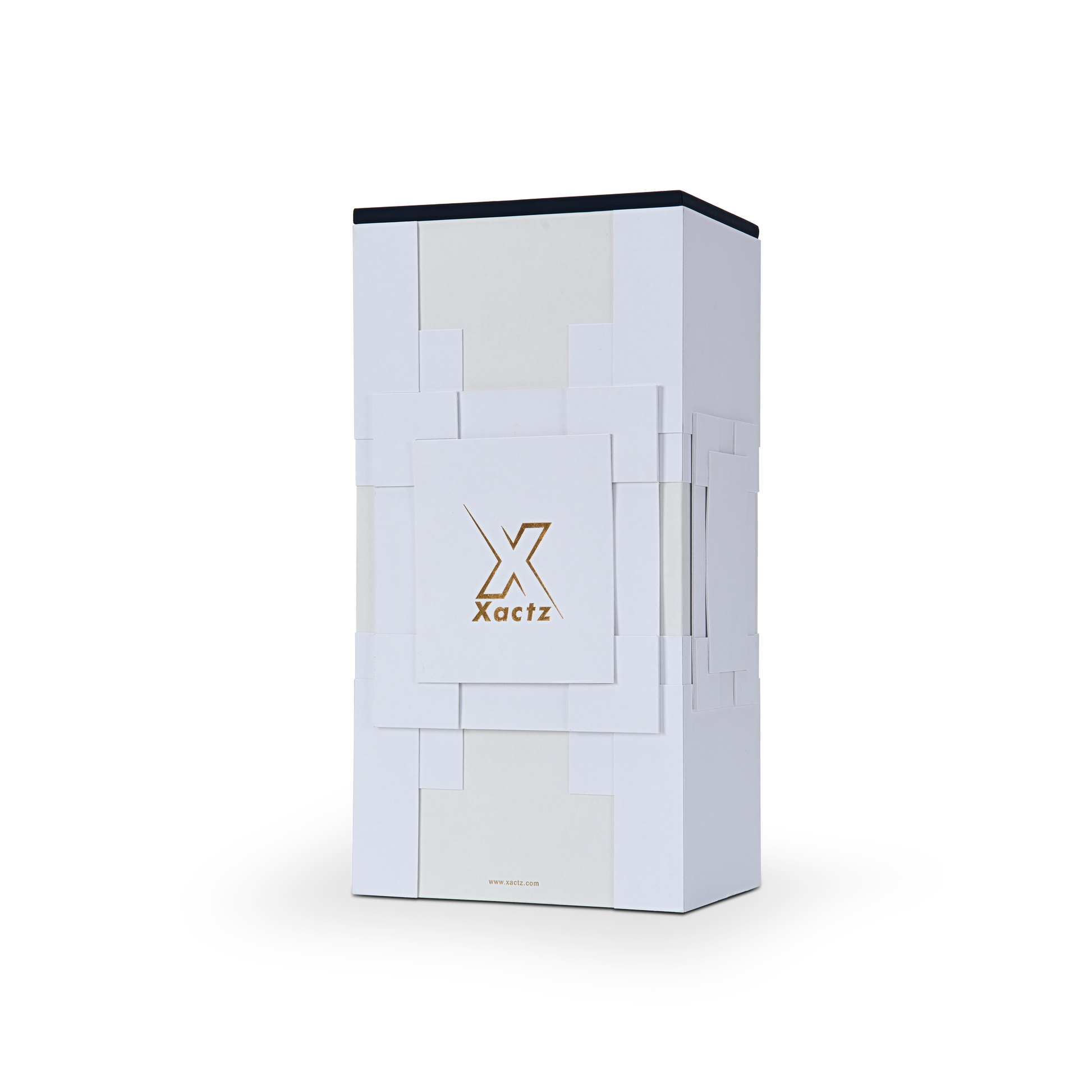Three-quarter perspective view of the luxury custom wine box highlighting the multi-layered white geometric card shell engineering.