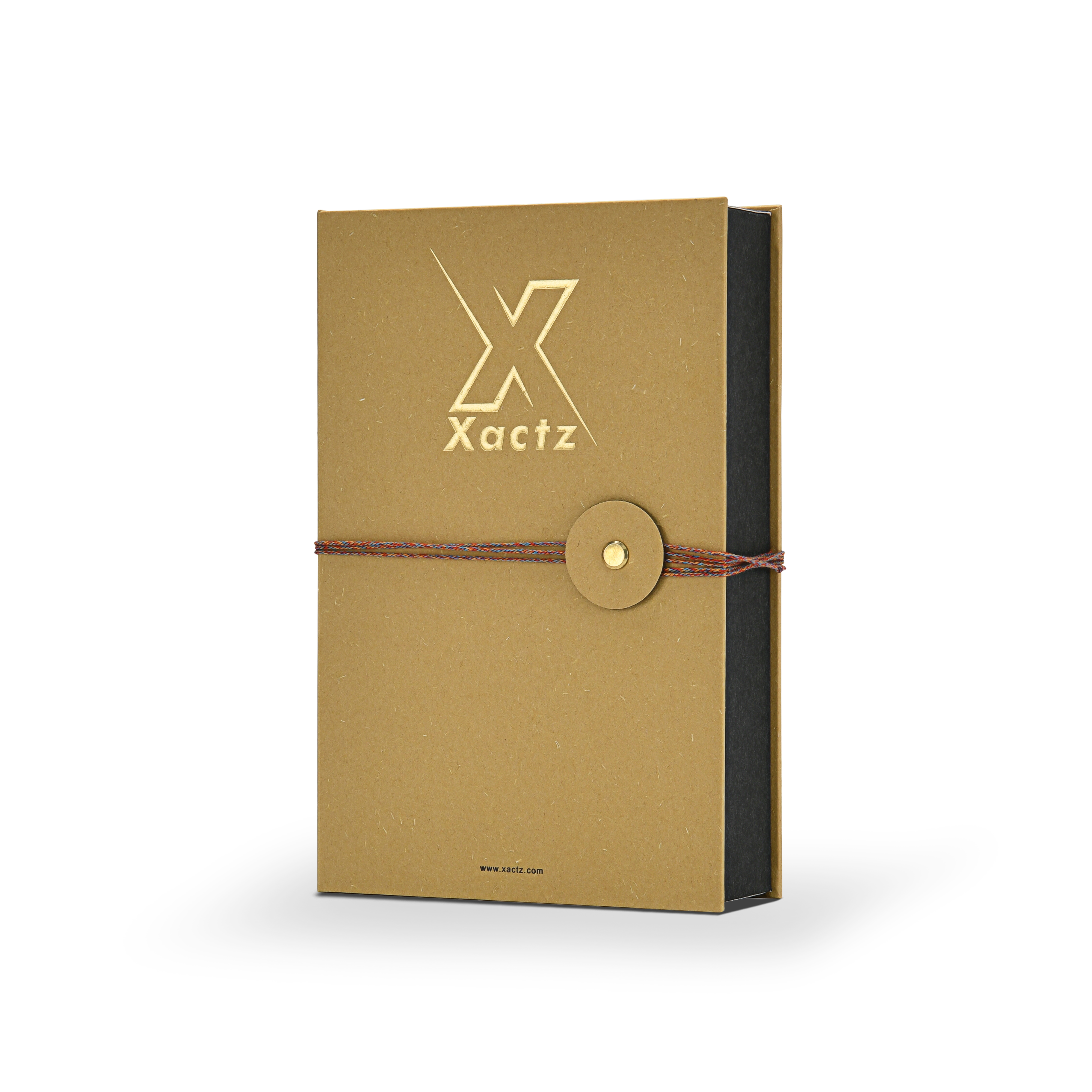 Angled front view of a custom rigid book style perfume gift box displaying the natural textured ochre yellow paper cover with gold foil logo and contrasting matte black inner box sides
