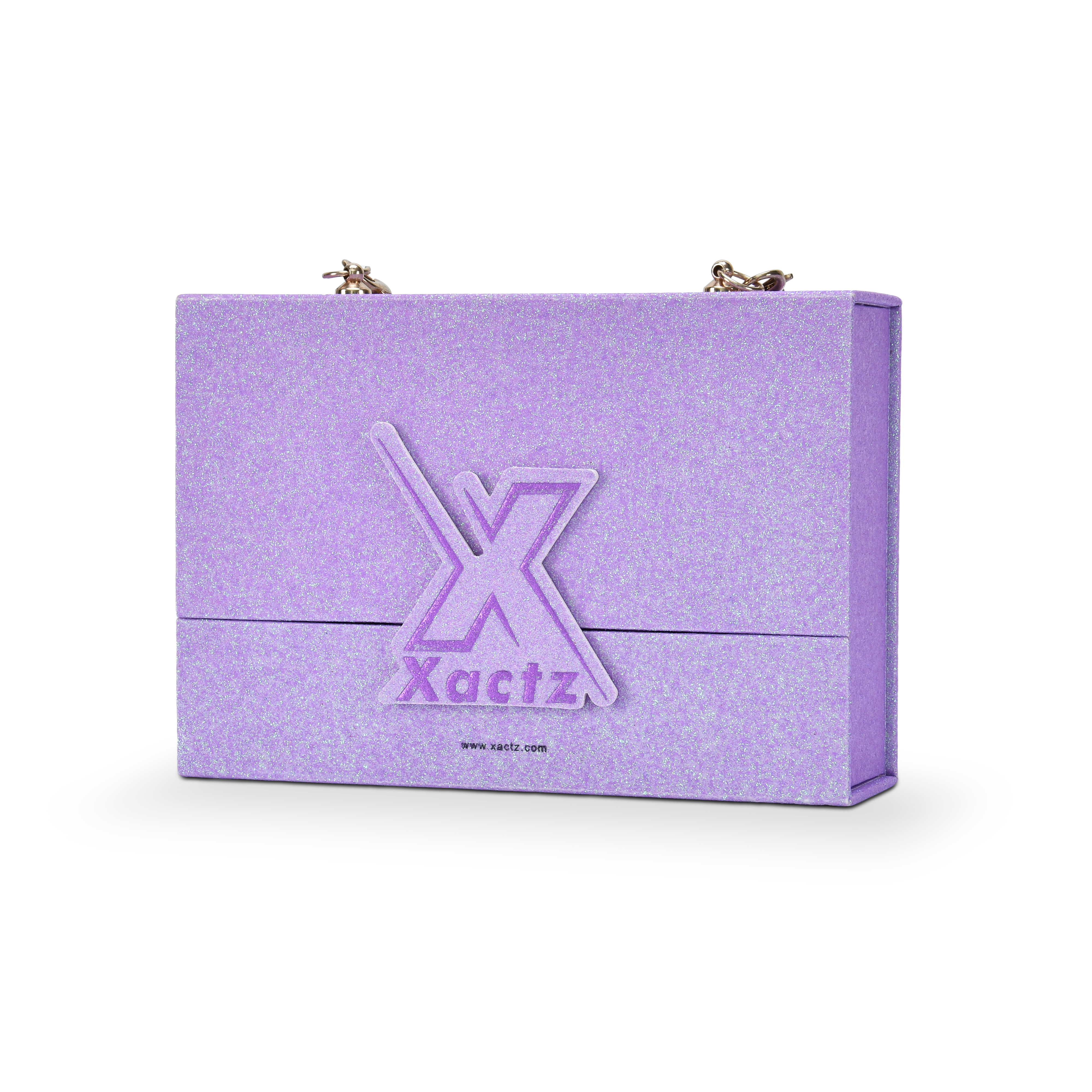 Three quarter angled view of a custom purple glitter rigid makeup gift box with luxury chain handle displaying the full iridescent purple glitter surface wrapping all panels with the embossed purple gold foil Xactz logo on the front and gold chain attachment hardware clips at the top