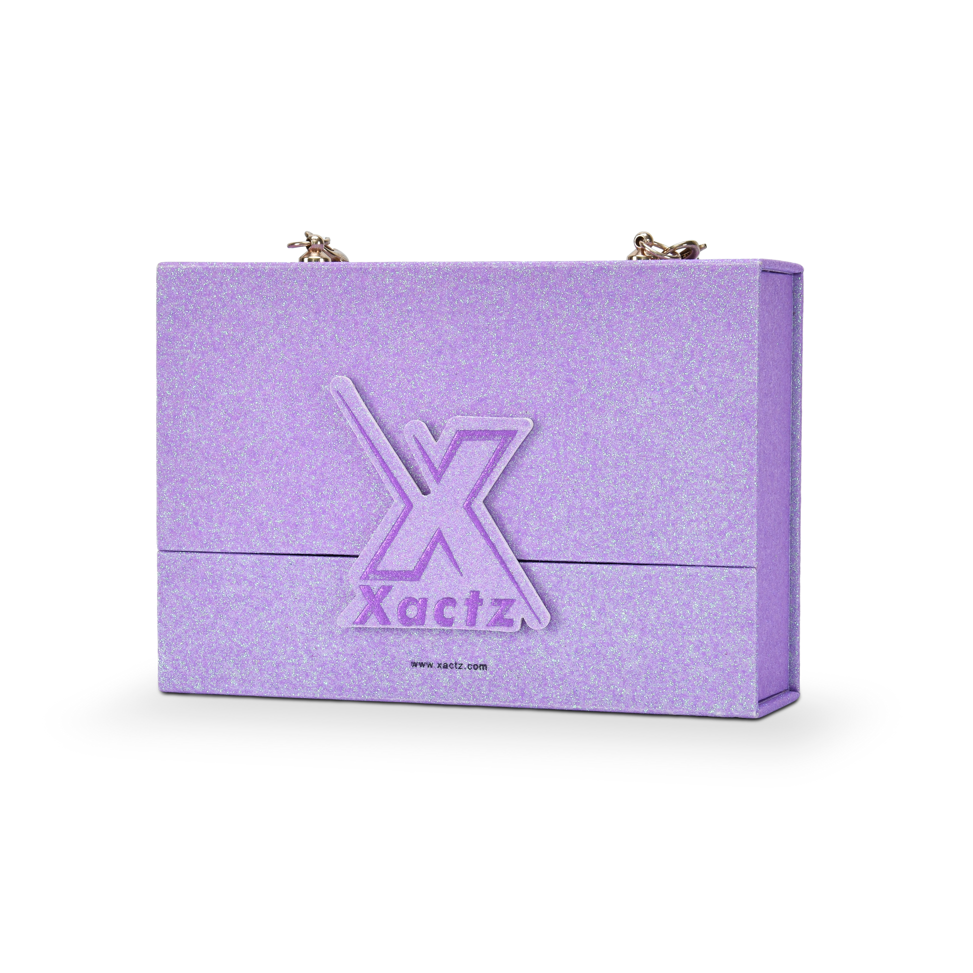 Three quarter angled view of a custom purple glitter rigid makeup gift box with luxury chain handle displaying the full iridescent purple glitter surface wrapping all panels with the embossed purple gold foil Xactz logo on the front and gold chain attachment hardware clips at the top