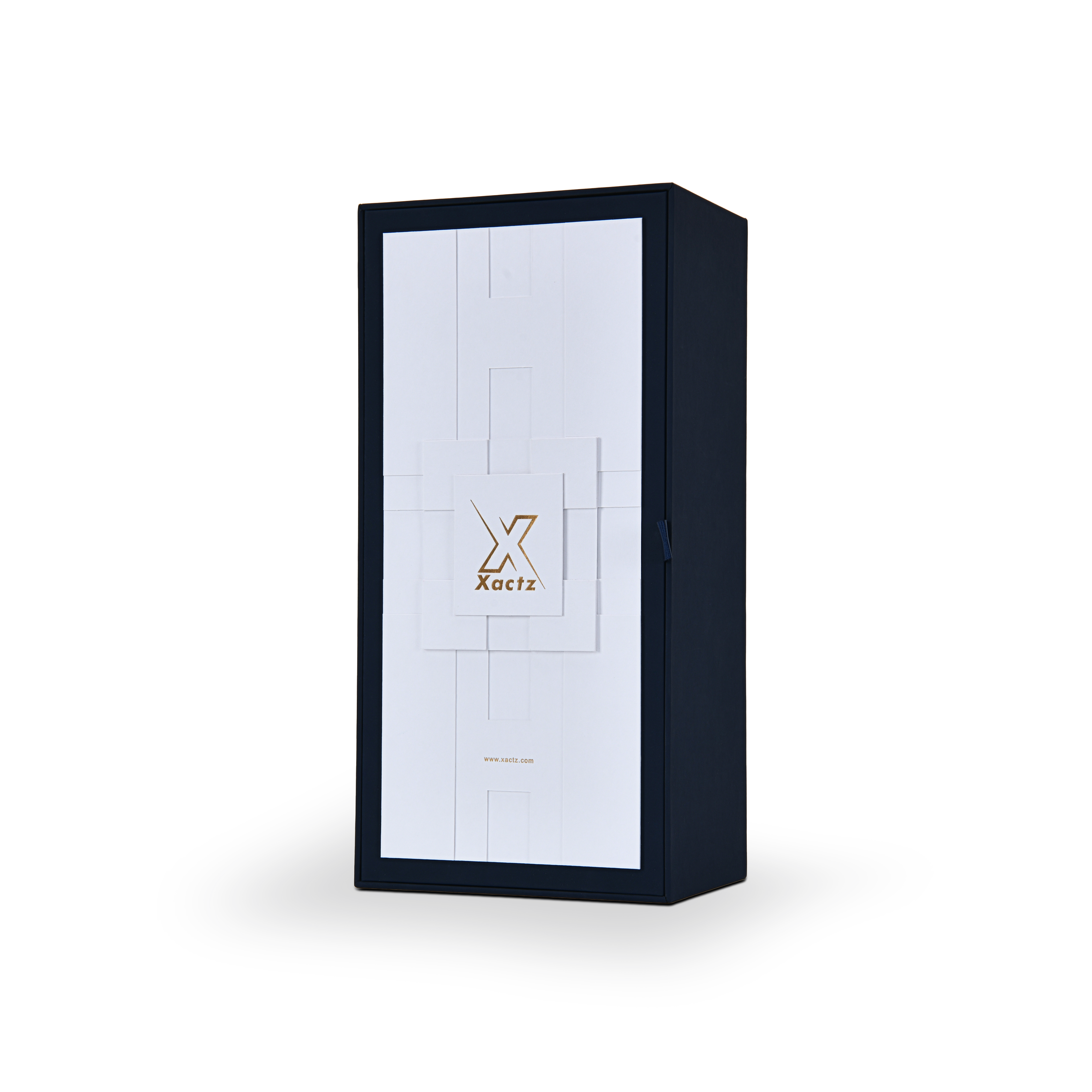 Angled view of a closed custom white and navy premium single-bottle wine gift box showcasing its rigid three-dimensional structure.