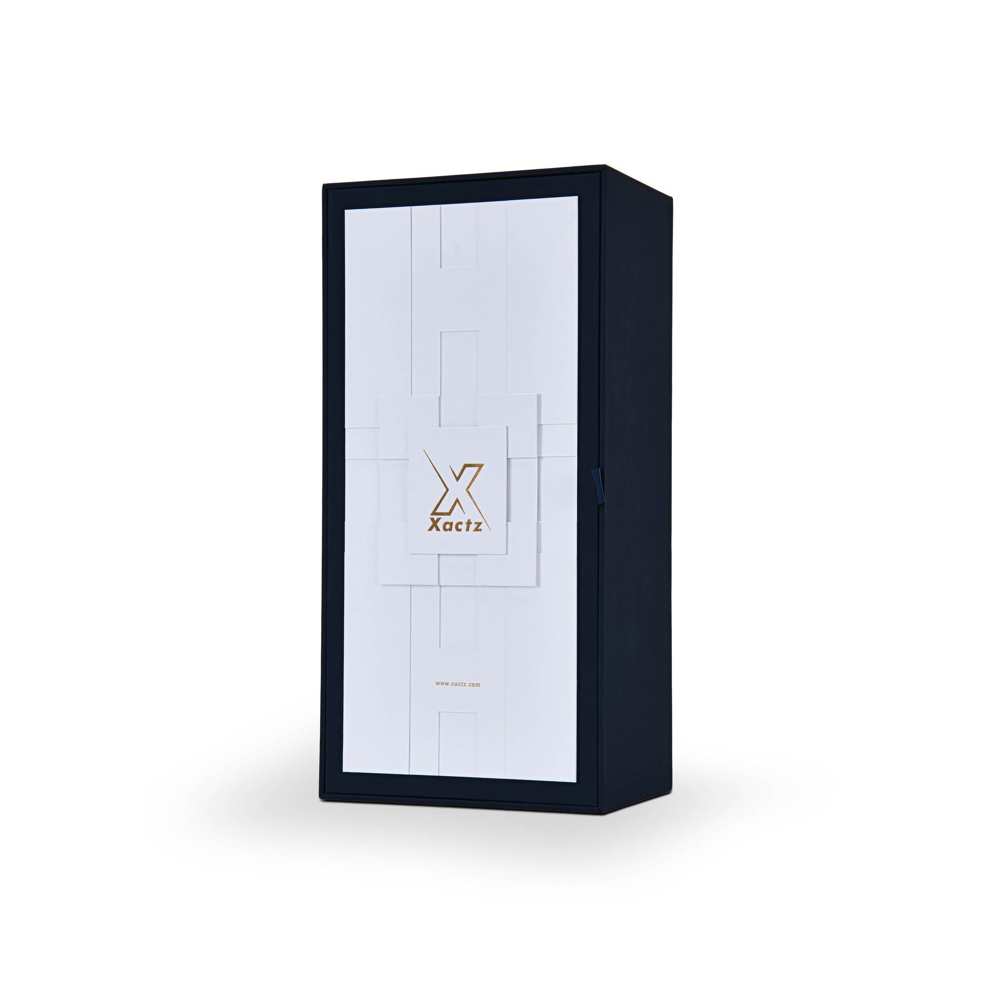 Angled view of a closed custom white and navy premium single-bottle wine gift box showcasing its rigid three-dimensional structure.
