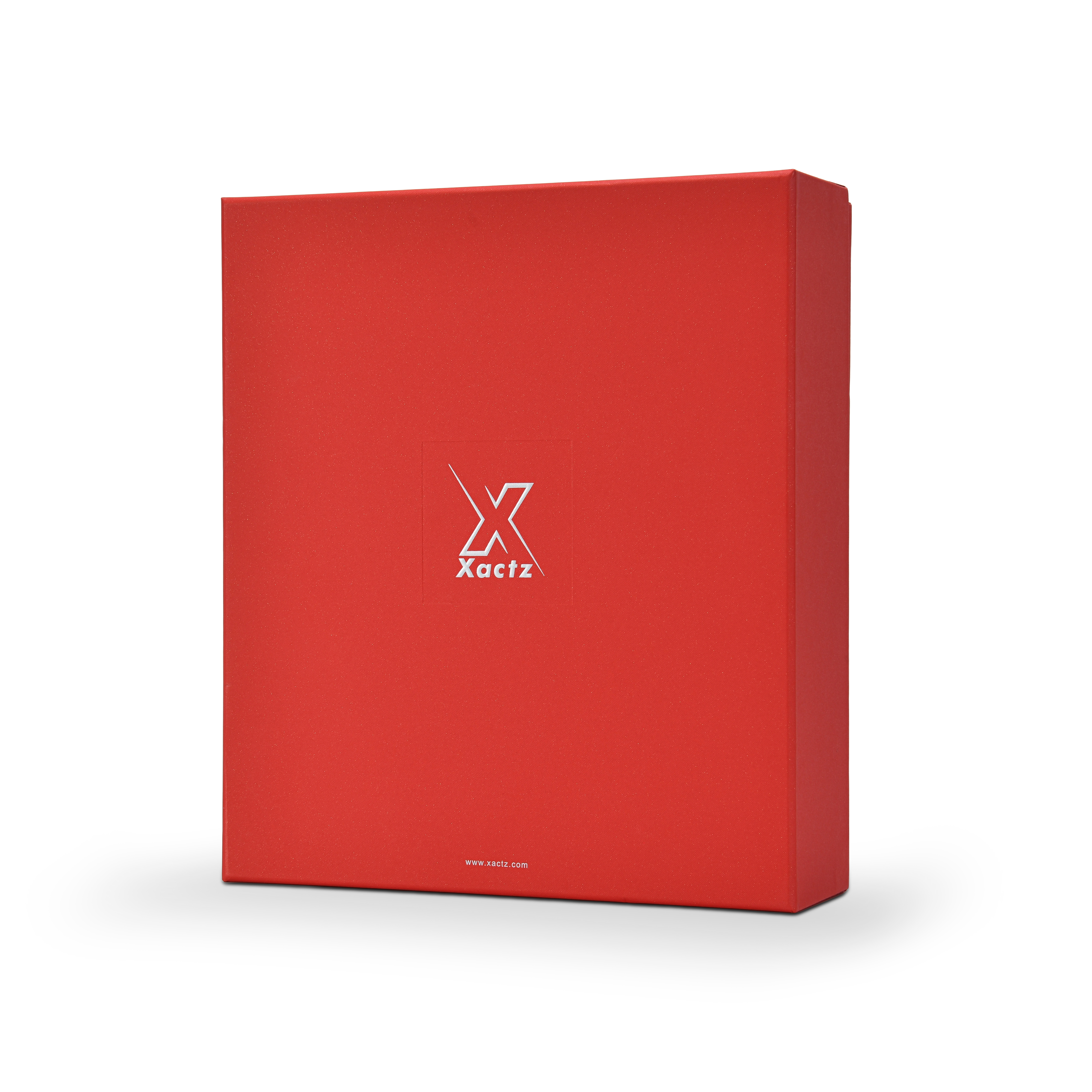 Three quarter angled view of a custom red lid and base gift box for cosmetics displaying the deep red star rain specialty paper surface wrapping the full lid and base with the embossed bright silver foil Xactz logo centered on the front panel and silver foil website detail at the base