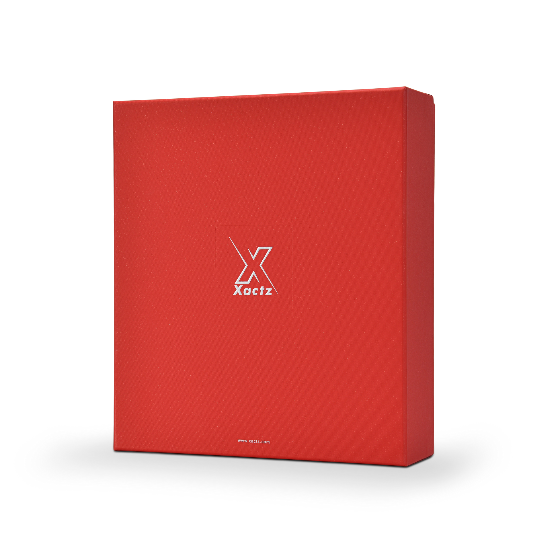 Three quarter angled view of a custom red lid and base gift box for cosmetics displaying the deep red star rain specialty paper surface wrapping the full lid and base with the embossed bright silver foil Xactz logo centered on the front panel and silver foil website detail at the base