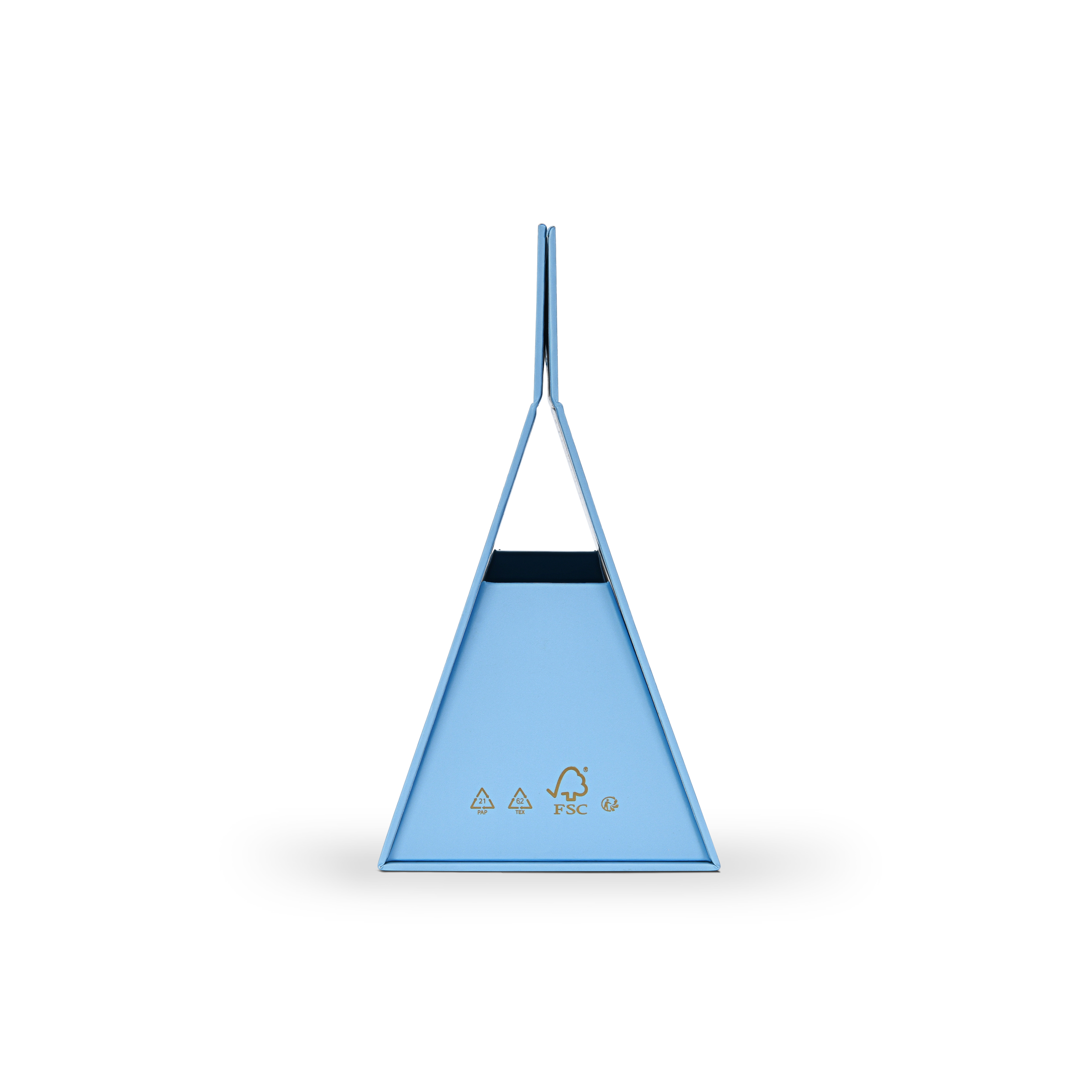Side profile view of a custom foldable gift box bag with die cut handle showing the clean triangular tapered silhouette in sky blue art paper with FSC recycling logos printed at the base