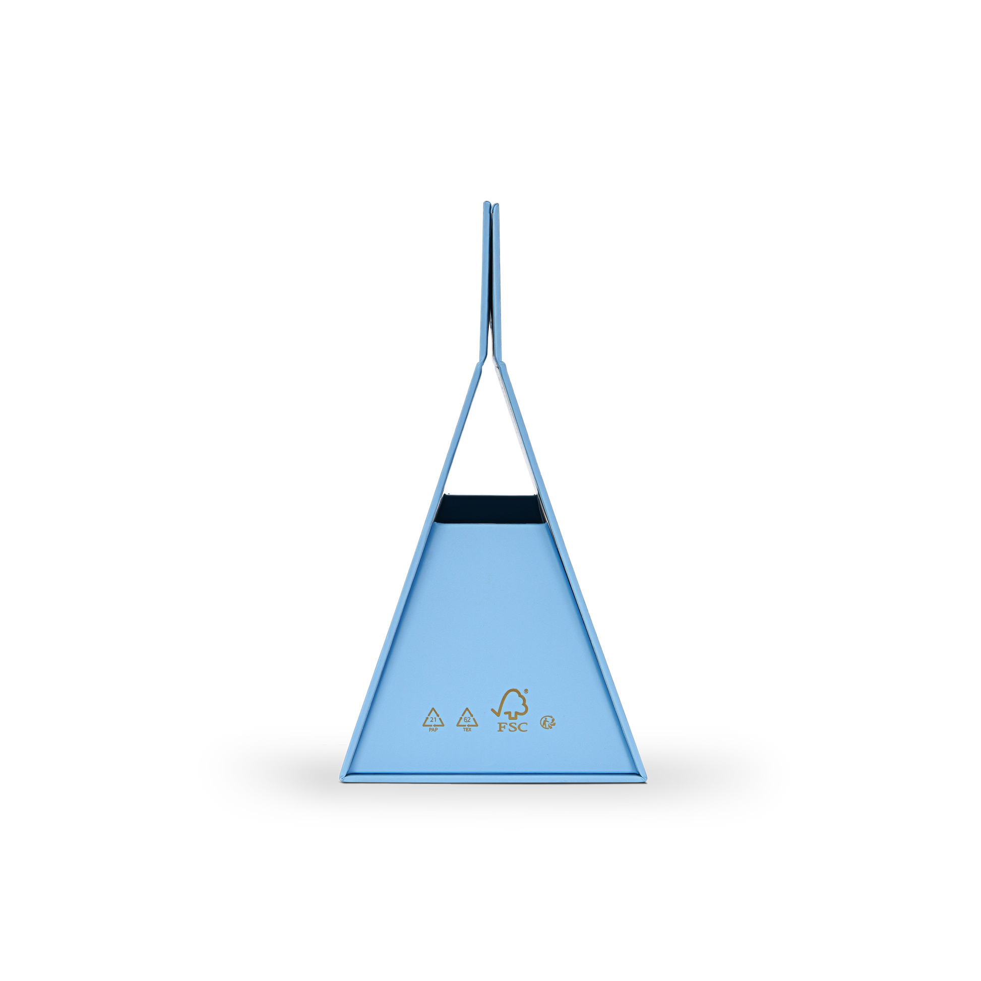 Side profile view of a custom foldable gift box bag with die cut handle showing the clean triangular tapered silhouette in sky blue art paper with FSC recycling logos printed at the base