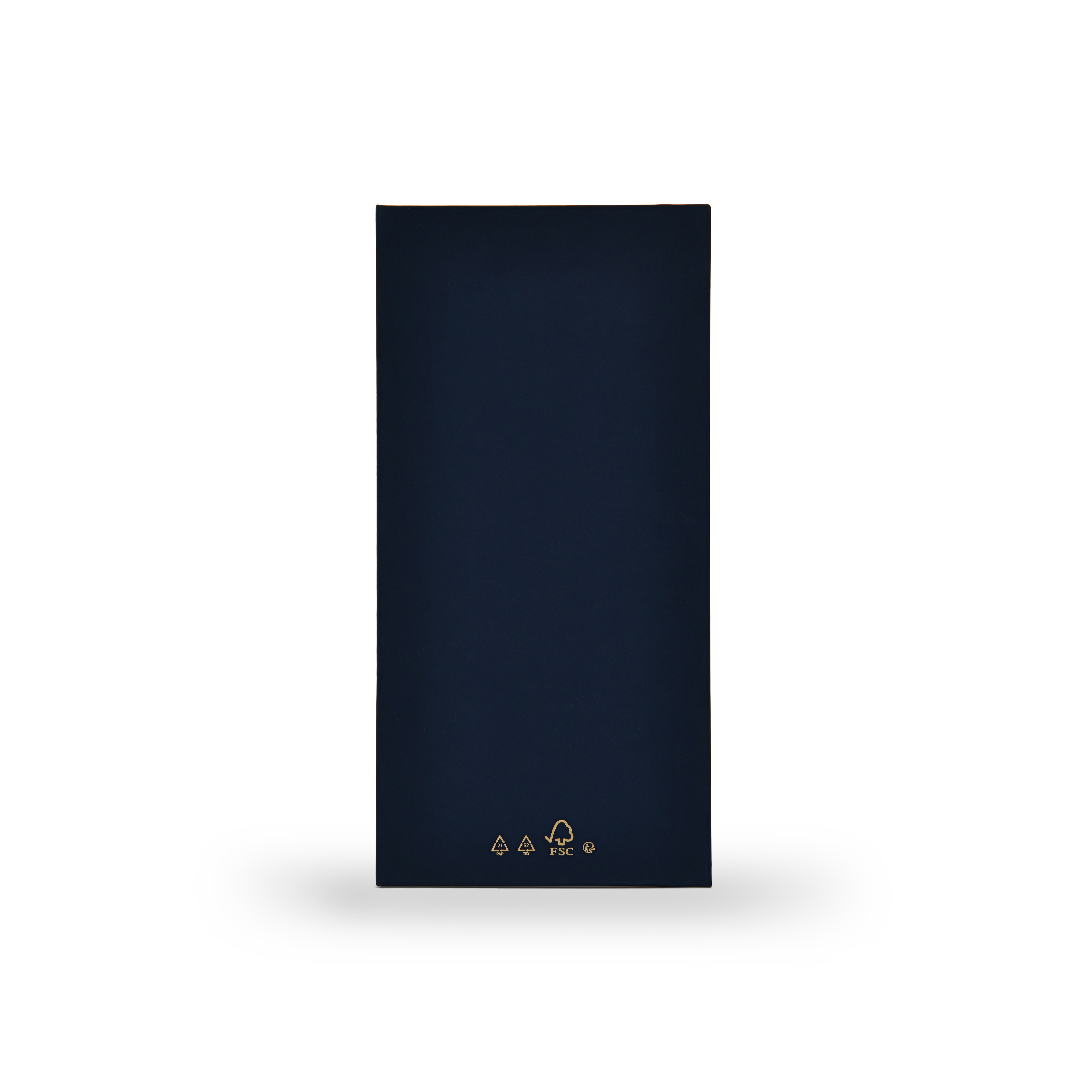 Bottom view of custom navy blue rigid wine packaging displaying gold foil recycling symbols and an FSC certification logo.