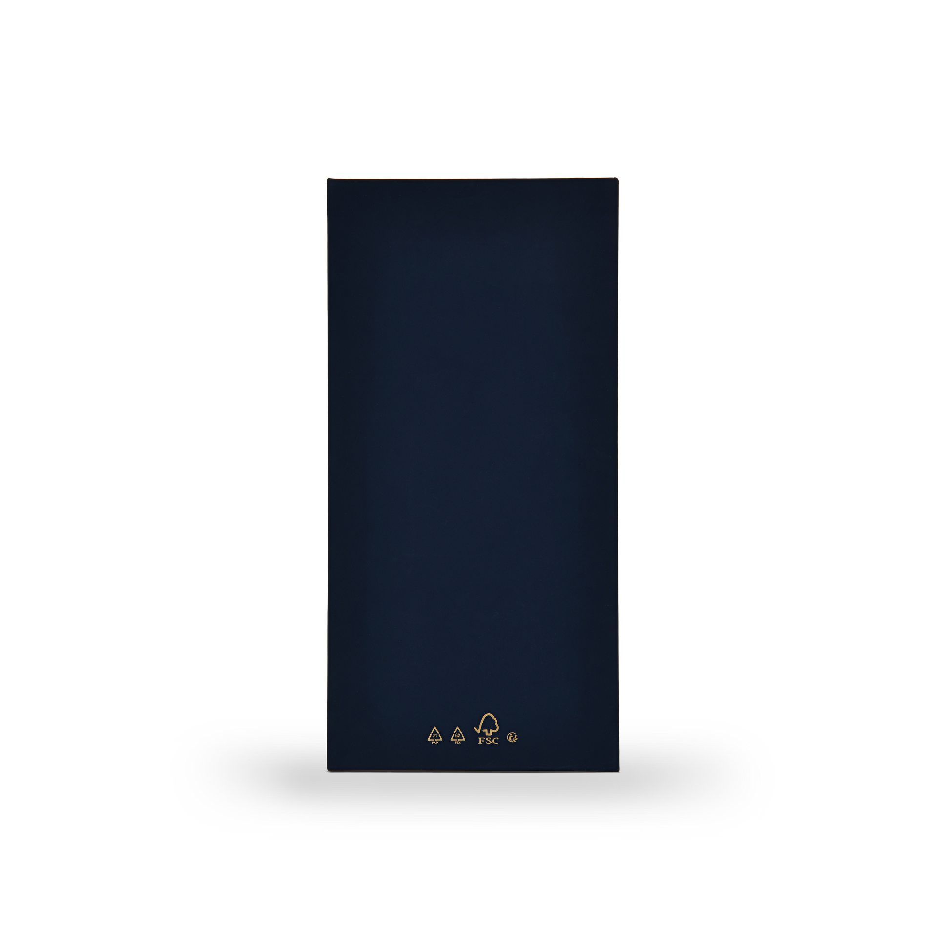Bottom view of custom navy blue rigid wine packaging displaying gold foil recycling symbols and an FSC certification logo.