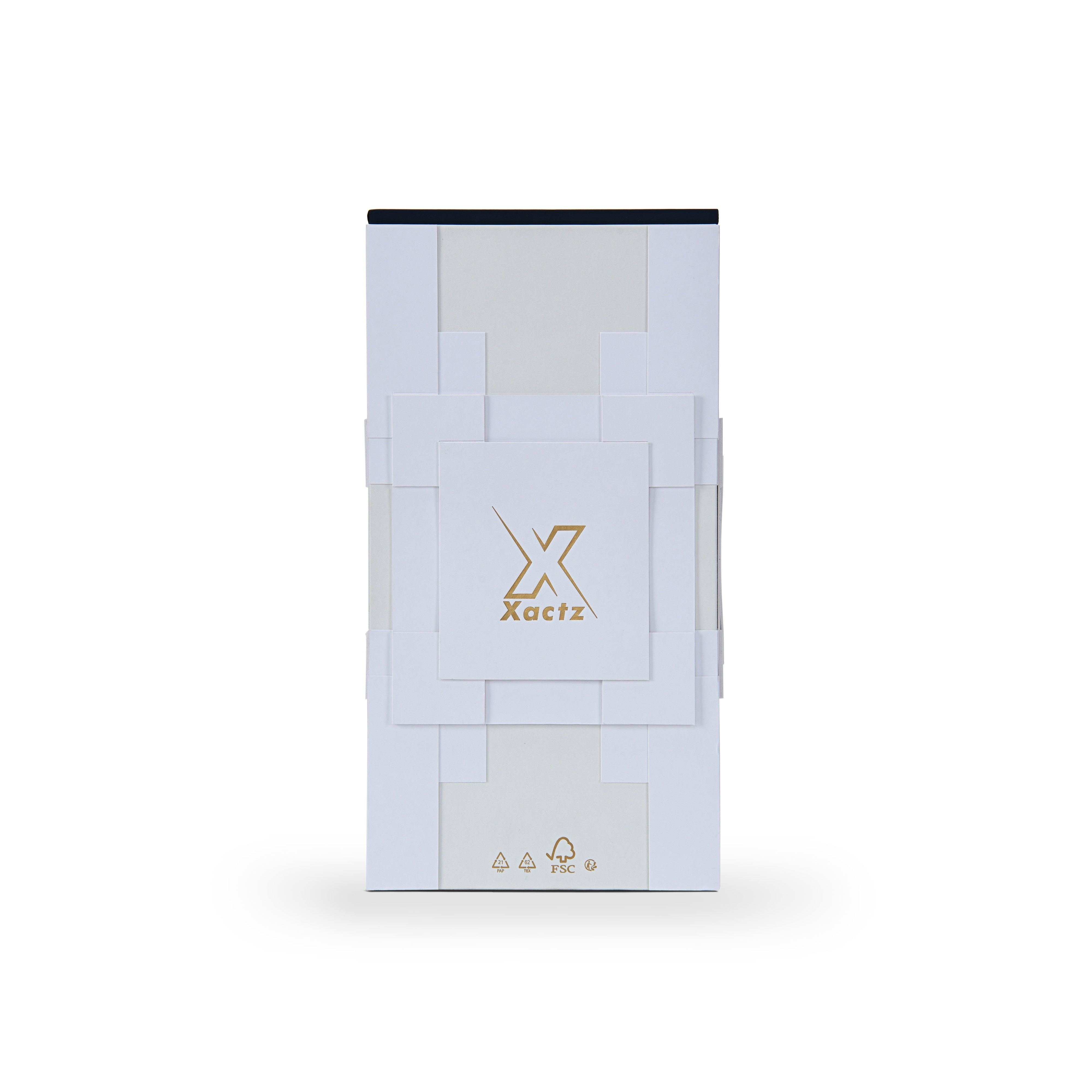 Bottom panel view of the white geometric rigid box displaying gold foil recycling and eco-friendly FSC certified packaging symbols.