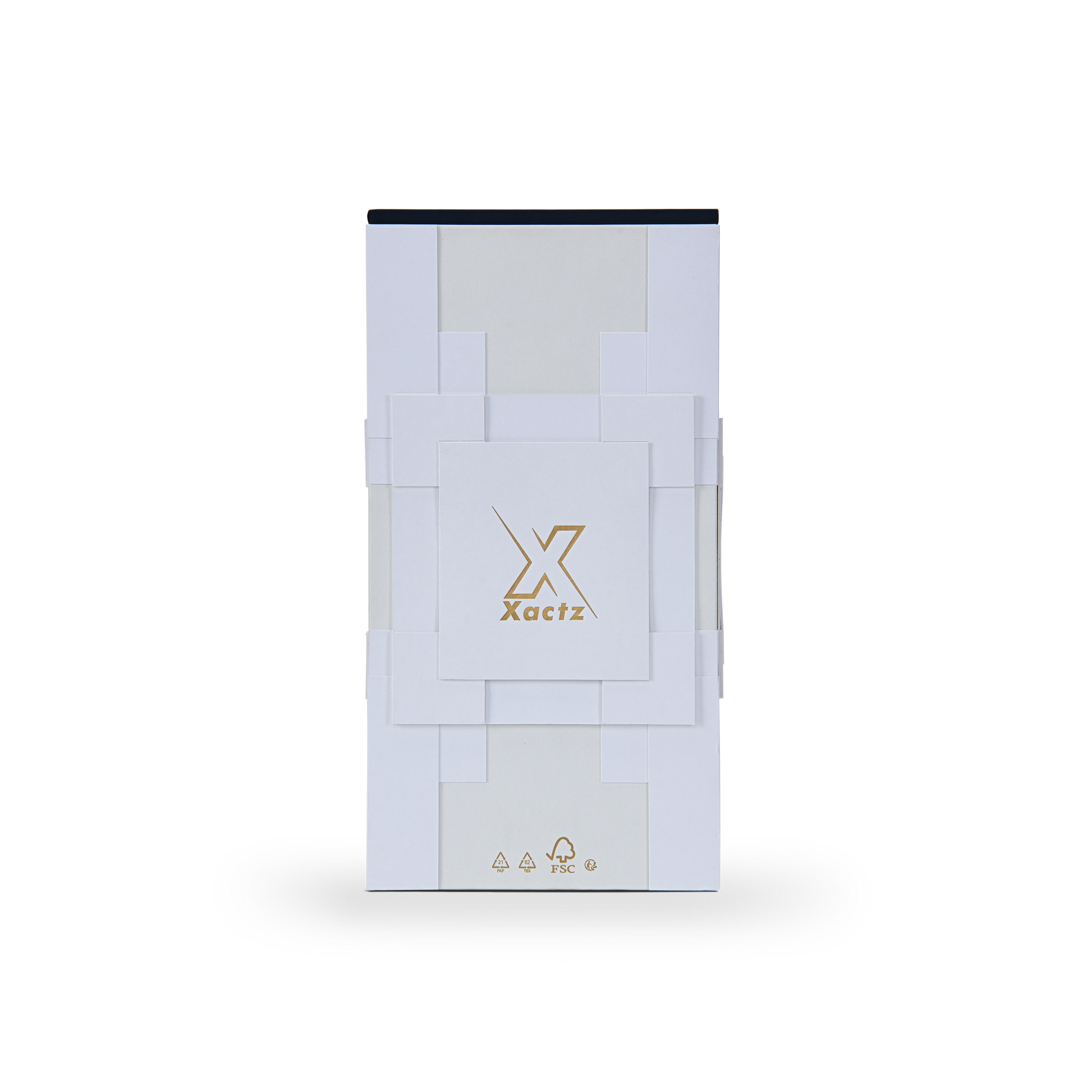 Bottom panel view of the white geometric rigid box displaying gold foil recycling and eco-friendly FSC certified packaging symbols.