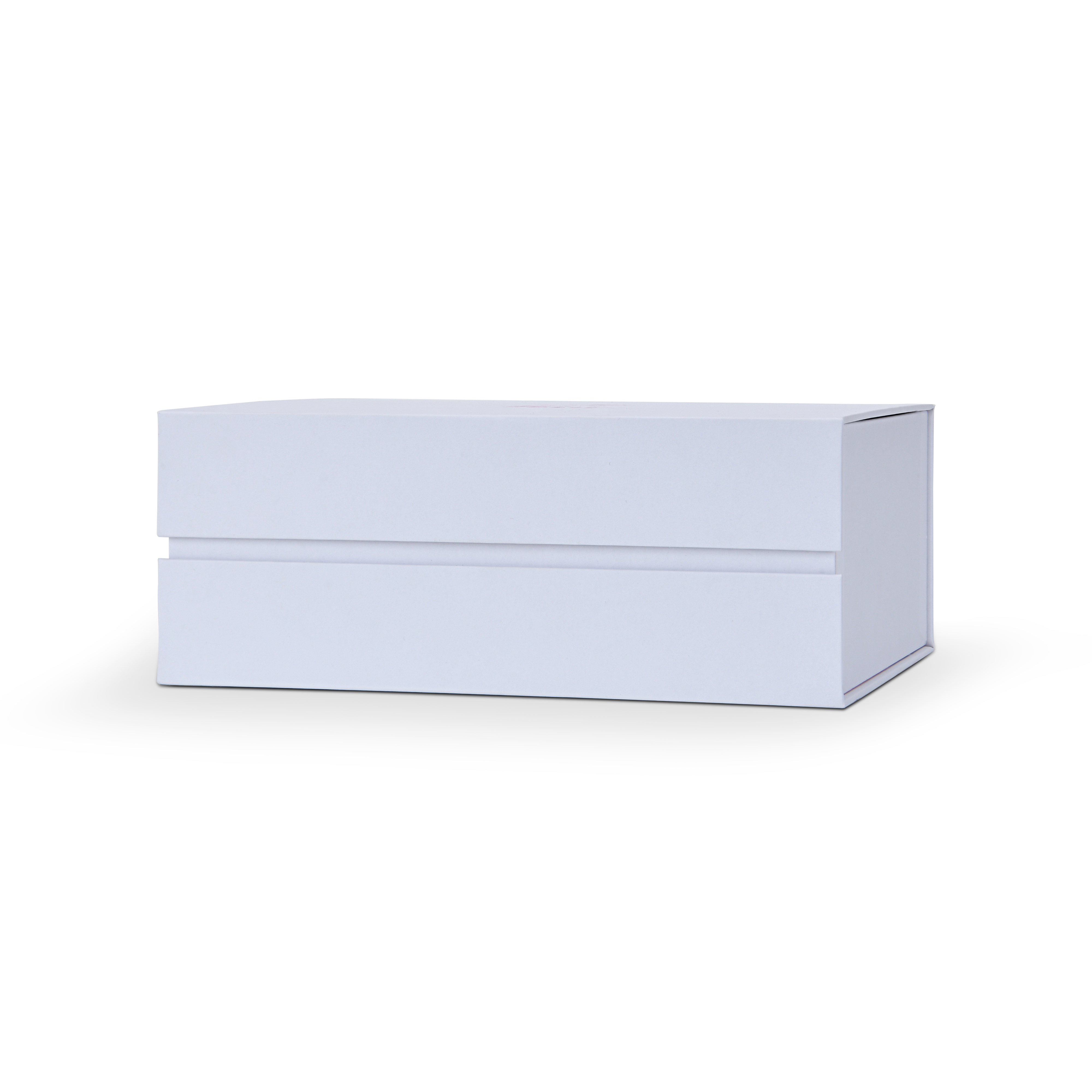 Front-facing horizontal view of a closed luxury white rigid box highlighting the seamless double-layer hinged spine construction.