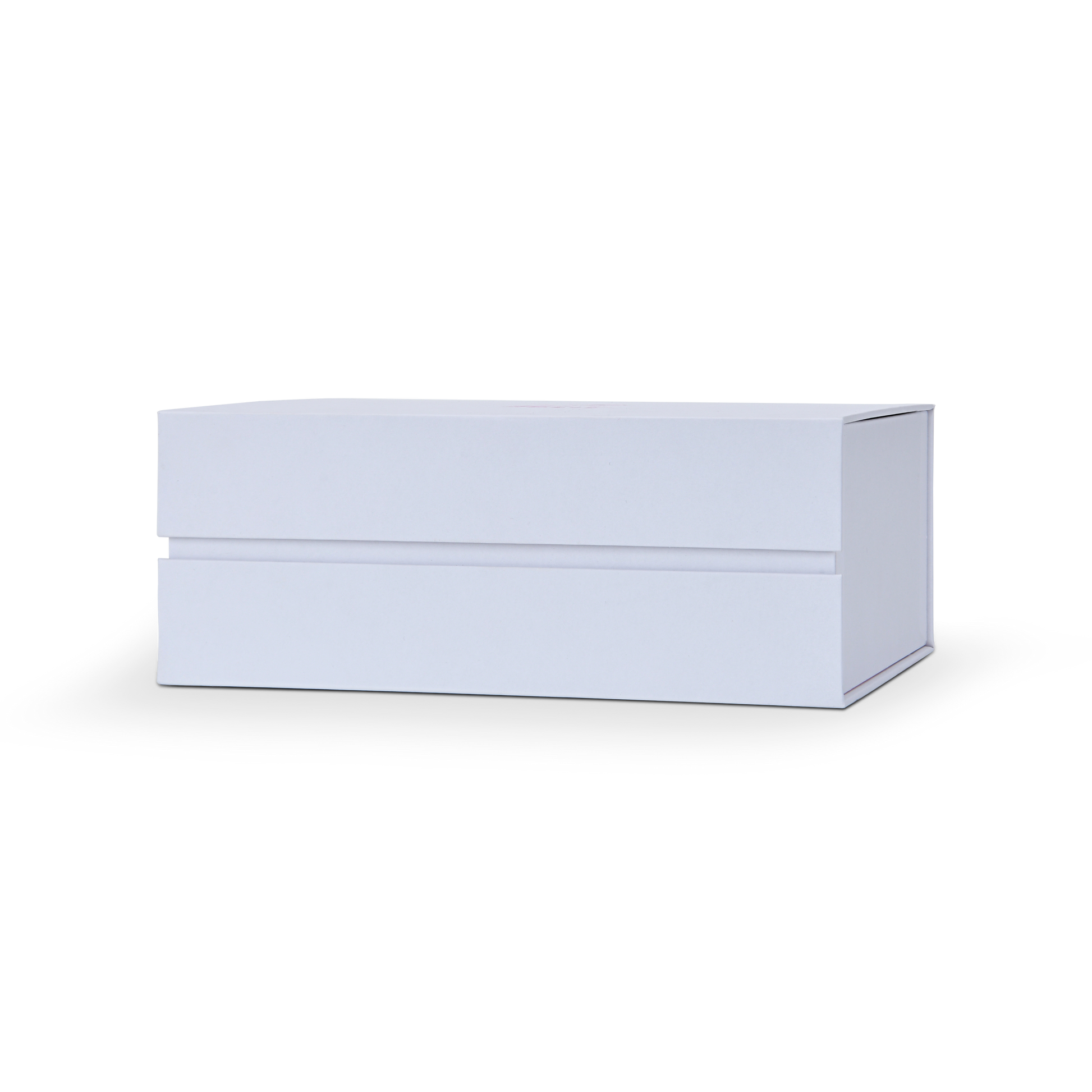 Front-facing horizontal view of a closed luxury white rigid box highlighting the seamless double-layer hinged spine construction.
