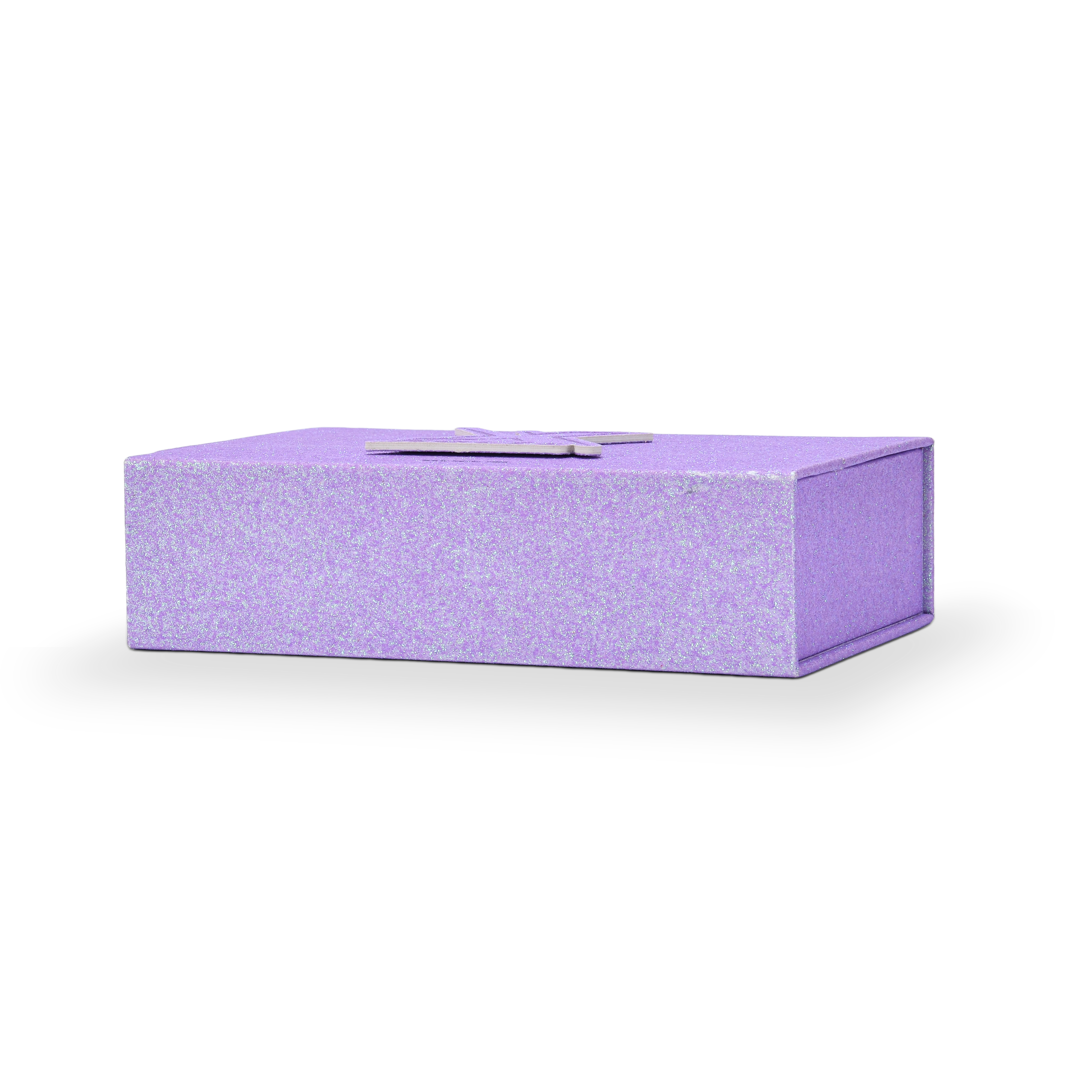 Top down view of a custom purple glitter rigid makeup gift box with luxury chain handle shown in a horizontal position displaying the full iridescent purple glitter specialty paper surface across the top panel and the embossed Xactz logo detail visible at the center edge