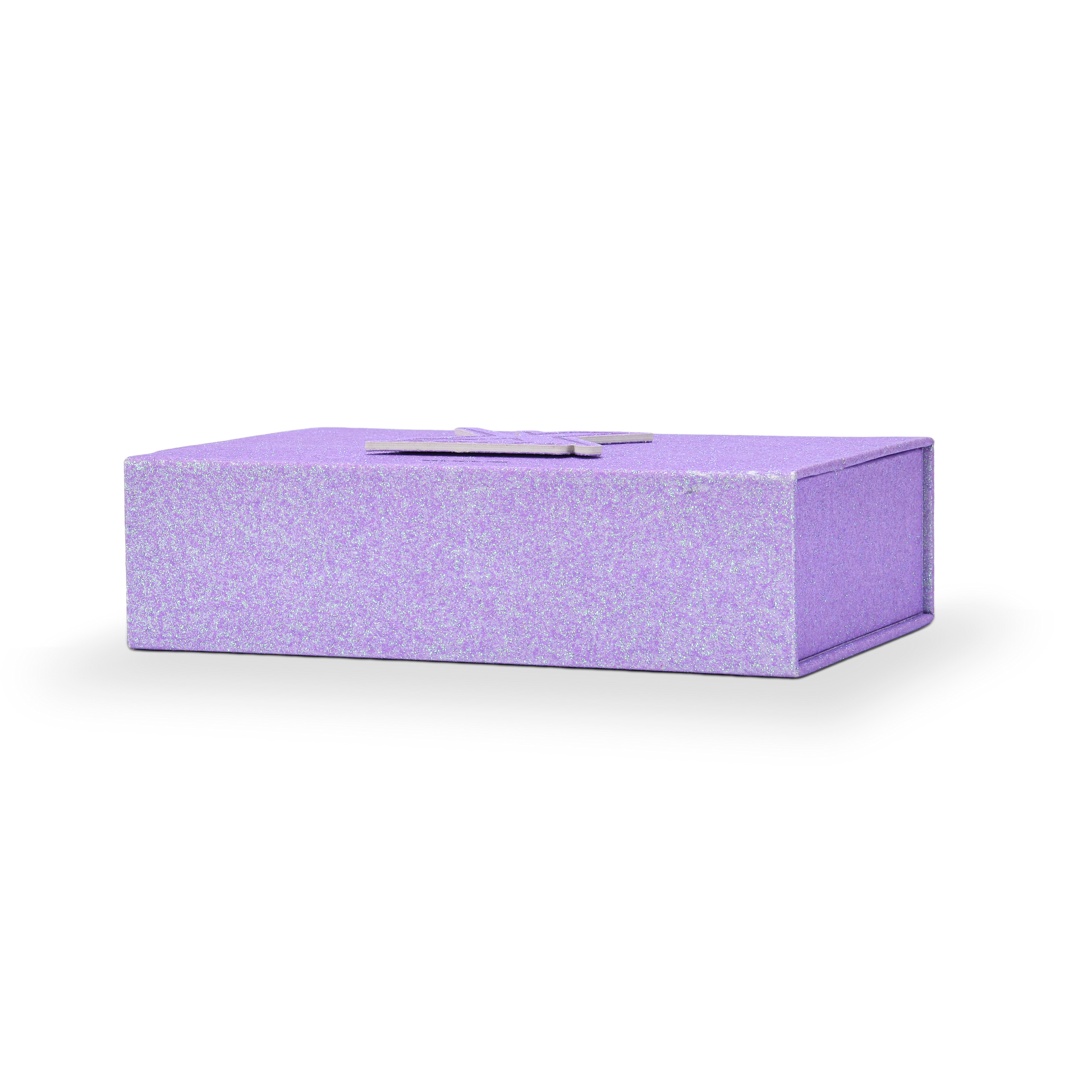 Top down view of a custom purple glitter rigid makeup gift box with luxury chain handle shown in a horizontal position displaying the full iridescent purple glitter specialty paper surface across the top panel and the embossed Xactz logo detail visible at the center edge