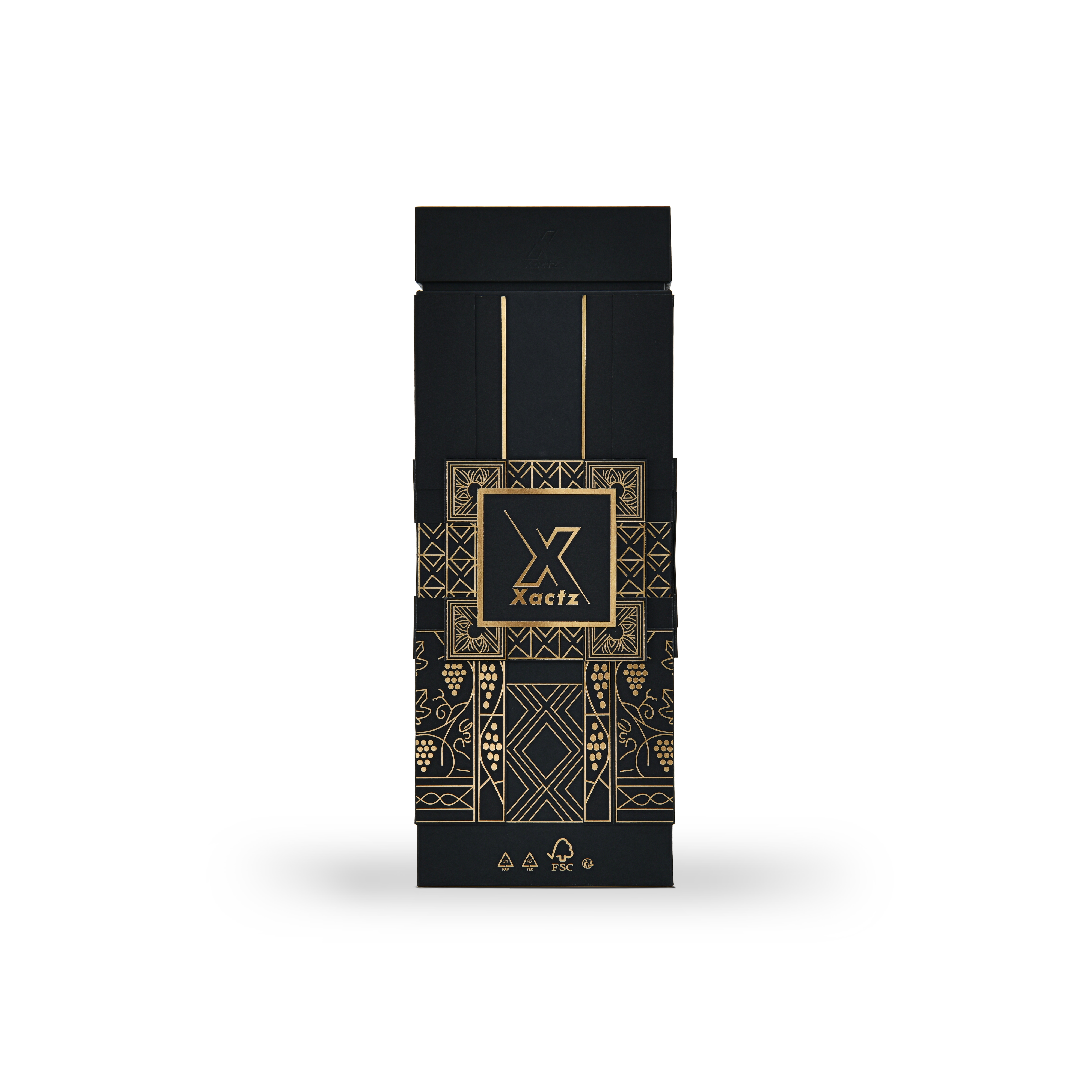 Back view of a custom all black rigid wine gift box with collared lid and base showing the full gold foil grape vine and geometric illustration on the black body with FSC recycling and certification logos printed in gold foil at the base