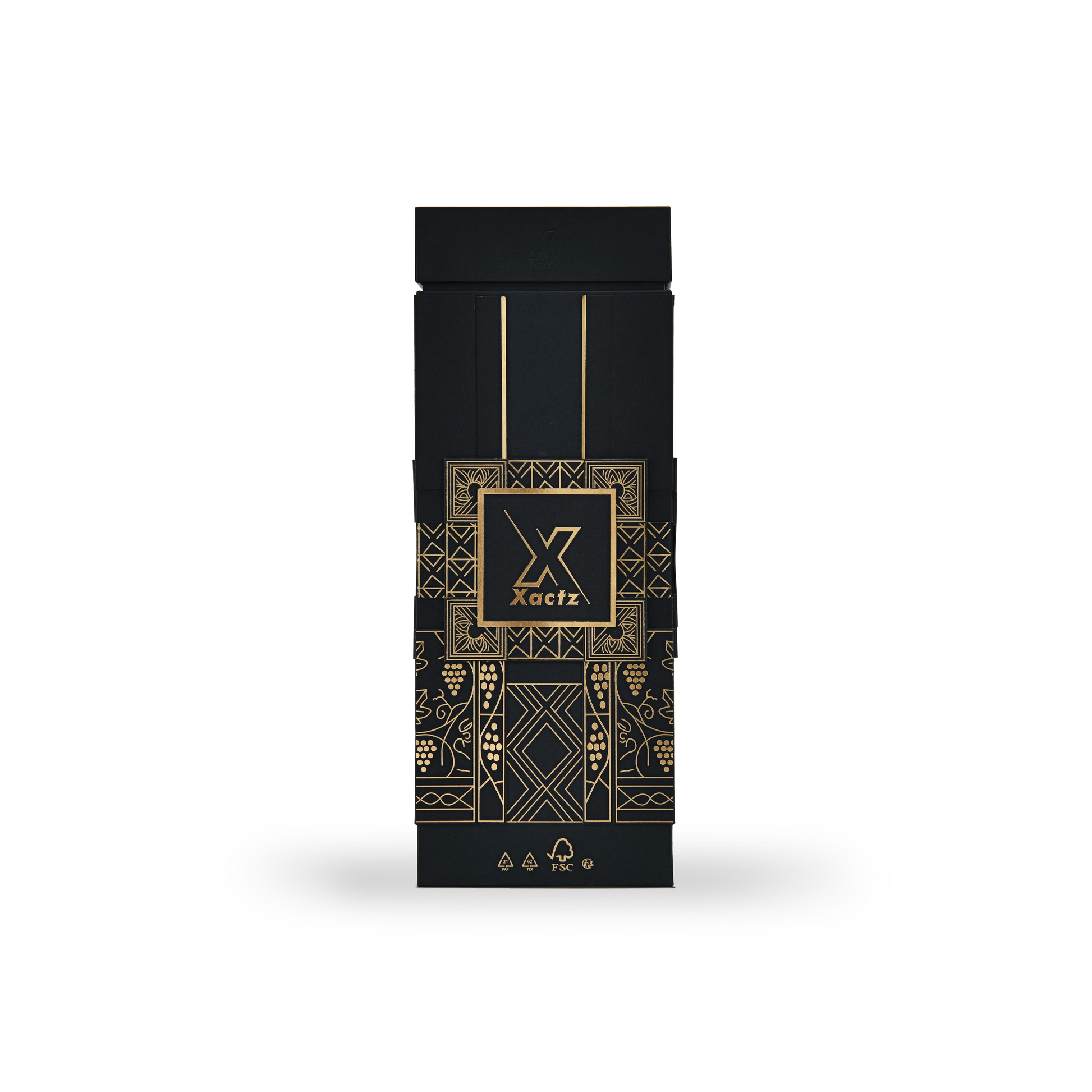 Back view of a custom all black rigid wine gift box with collared lid and base showing the full gold foil grape vine and geometric illustration on the black body with FSC recycling and certification logos printed in gold foil at the base