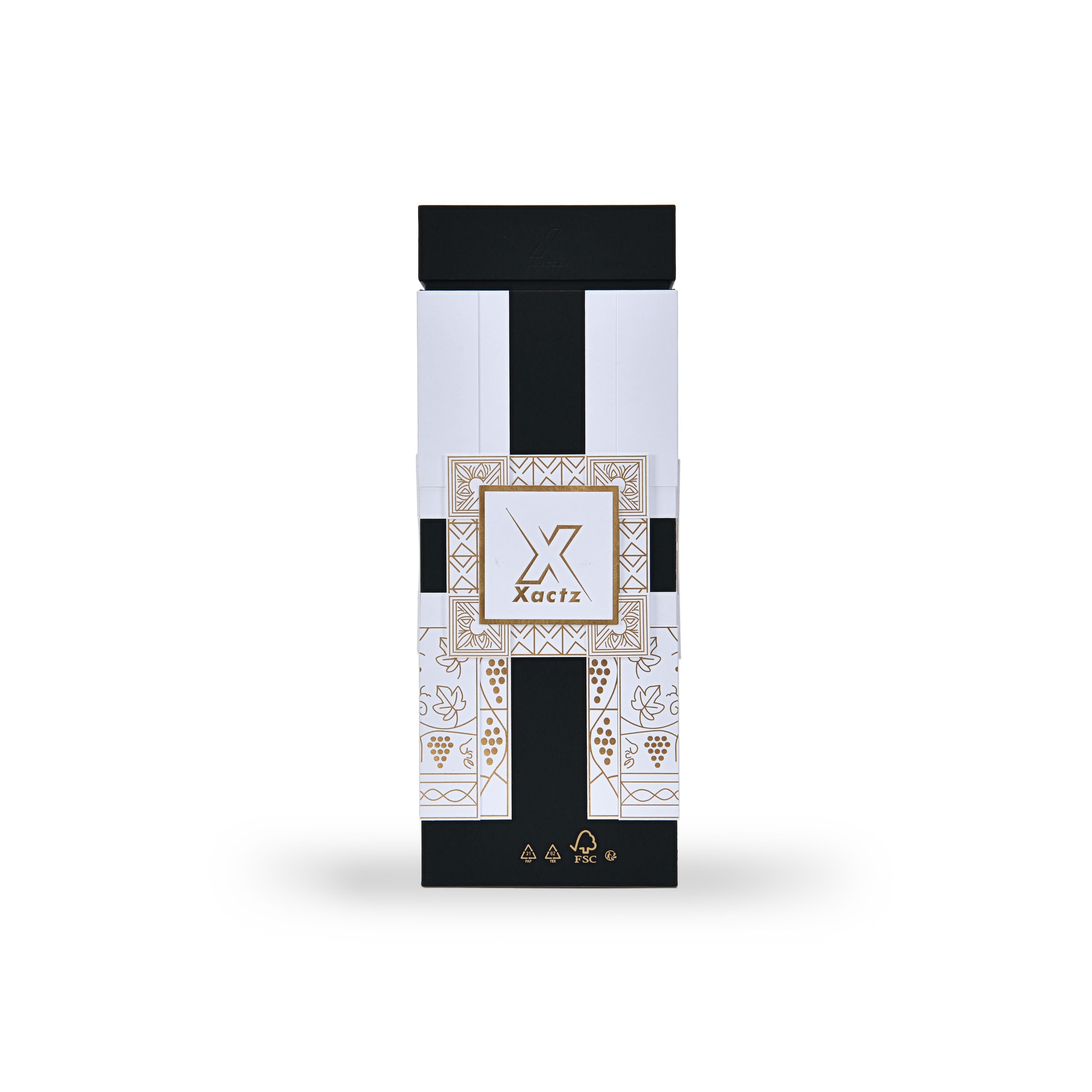 Back view of a custom black rigid wine gift box with collared lid and base showing the white body panels with gold foil grape vine illustration and FSC recycling certification logos printed at the base in gold foil