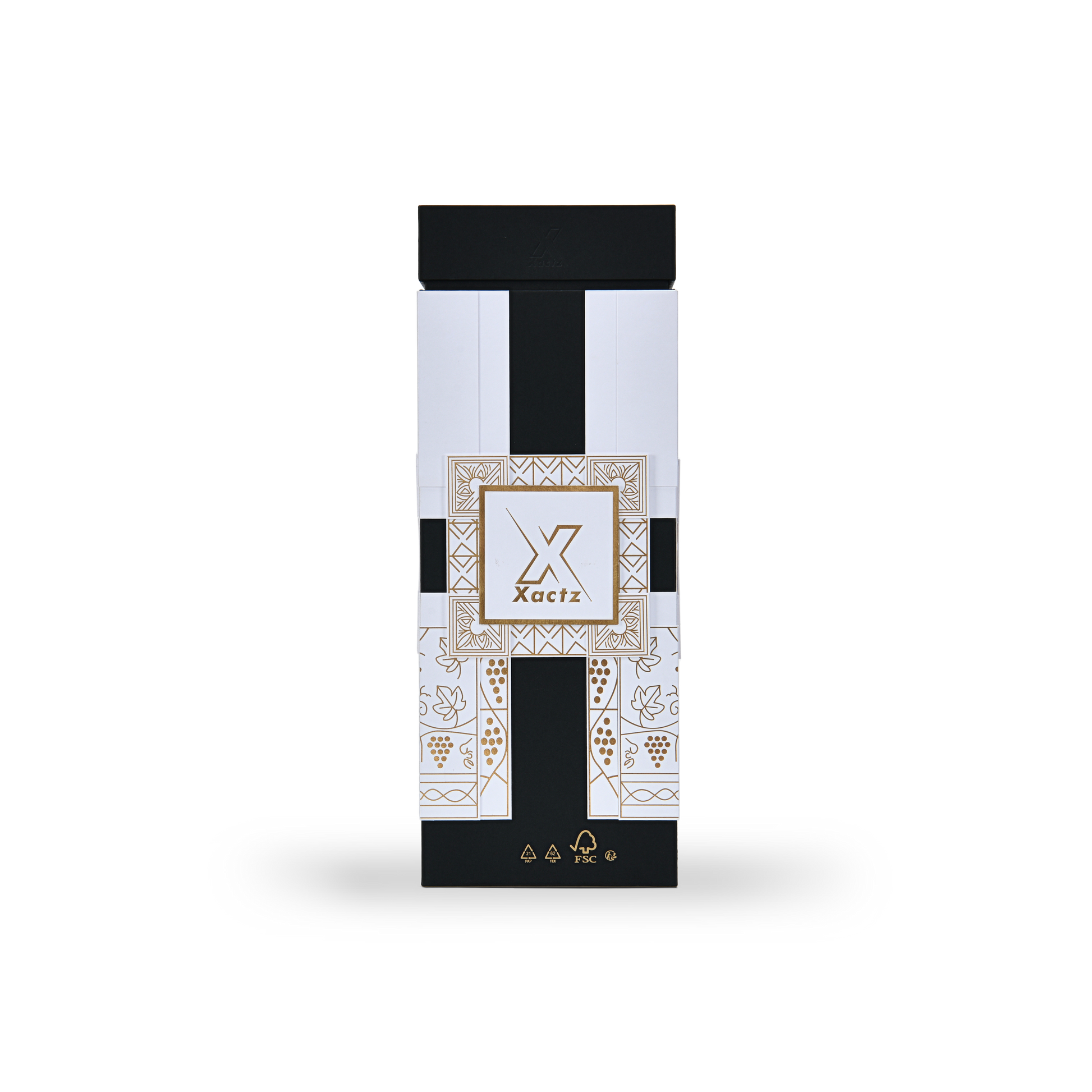 Back view of a custom black rigid wine gift box with collared lid and base showing the white body panels with gold foil grape vine illustration and FSC recycling certification logos printed at the base in gold foil