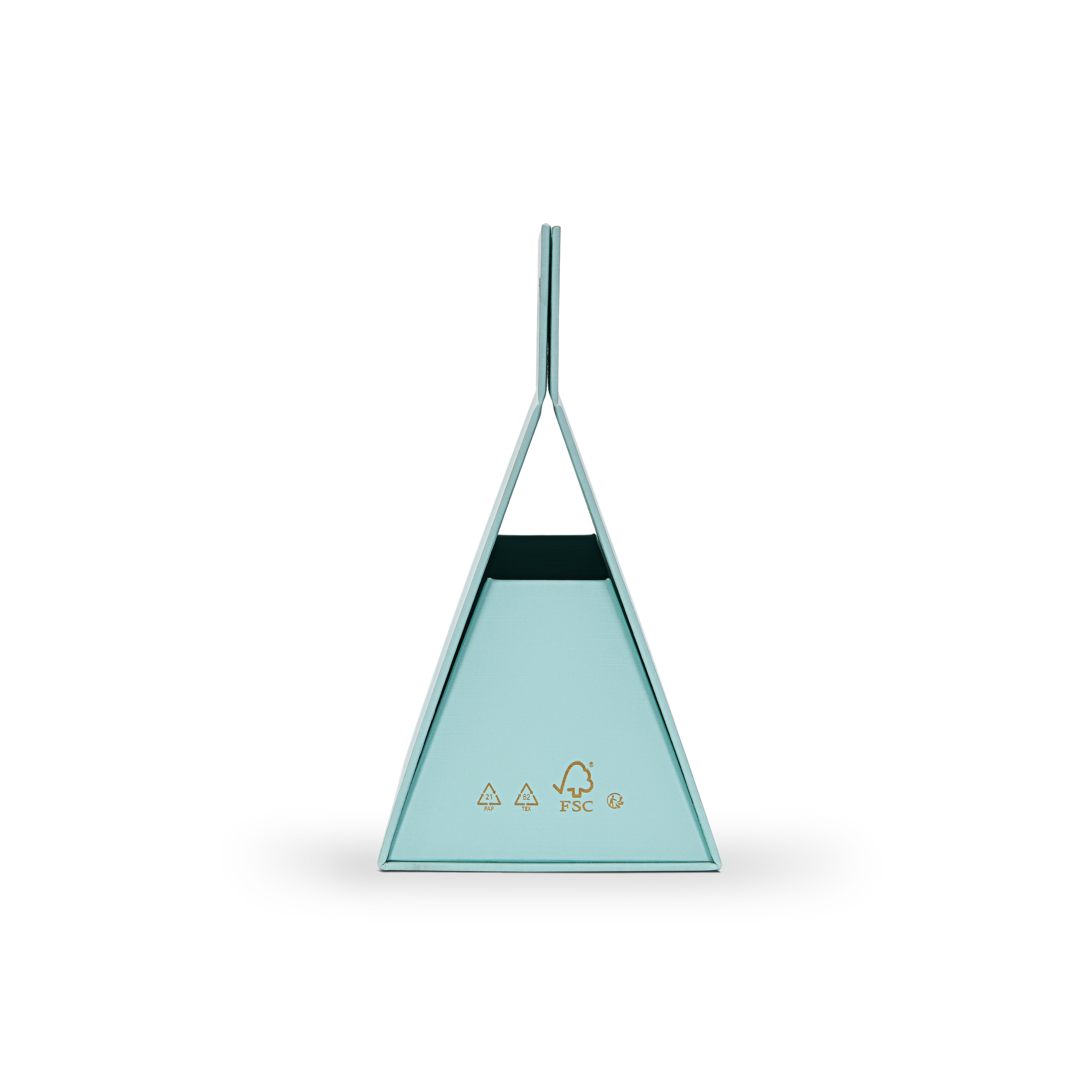 Side profile view of a custom foldable gift box bag with handle in sky blue linen specialty paper showing the triangular tapered side profile of the assembled bag box structure with FSC recycling and certification logos printed in gold foil at the base of the side panel