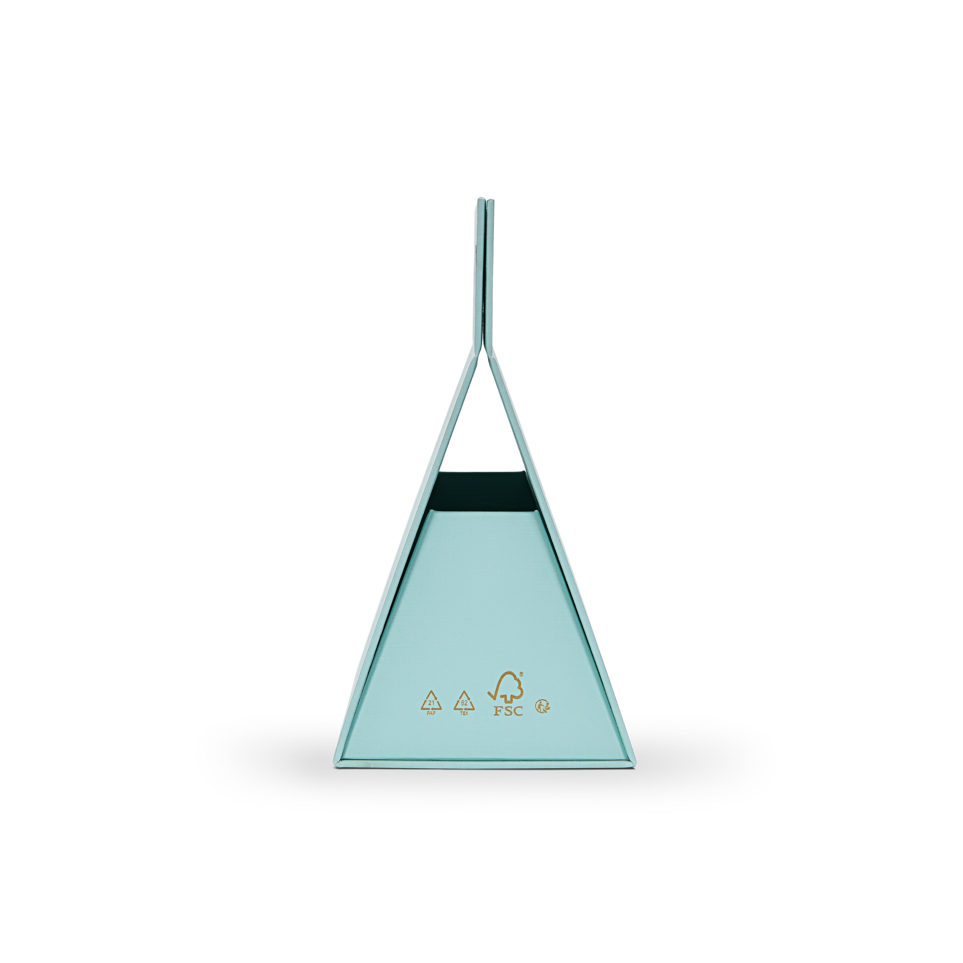 Side profile view of a custom foldable gift box bag with handle in sky blue linen specialty paper showing the triangular tapered side profile of the assembled bag box structure with FSC recycling and certification logos printed in gold foil at the base of the side panel