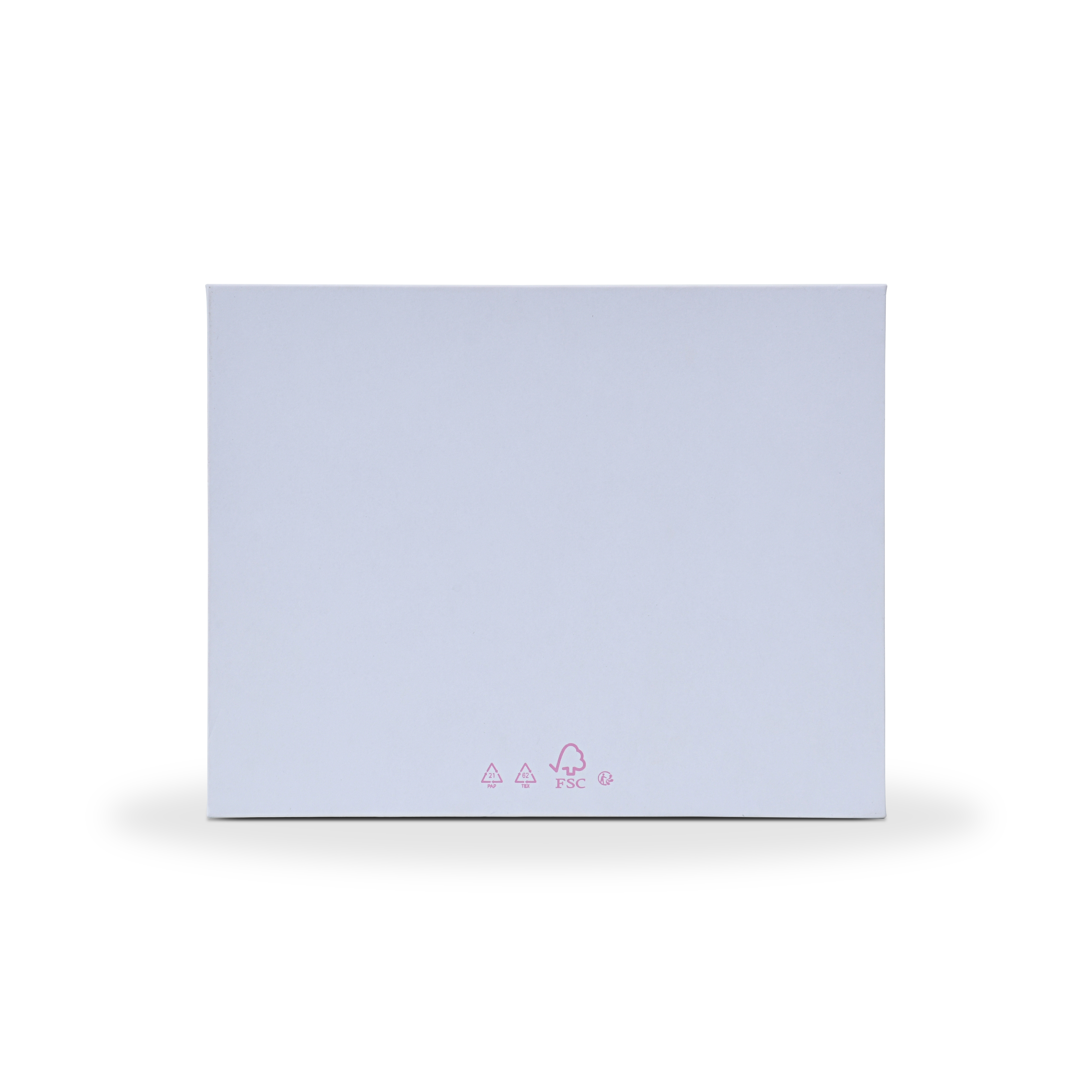 Bottom view of the custom gift box showing eco-friendly FSC packaging certification and recycling symbols printed in pink.