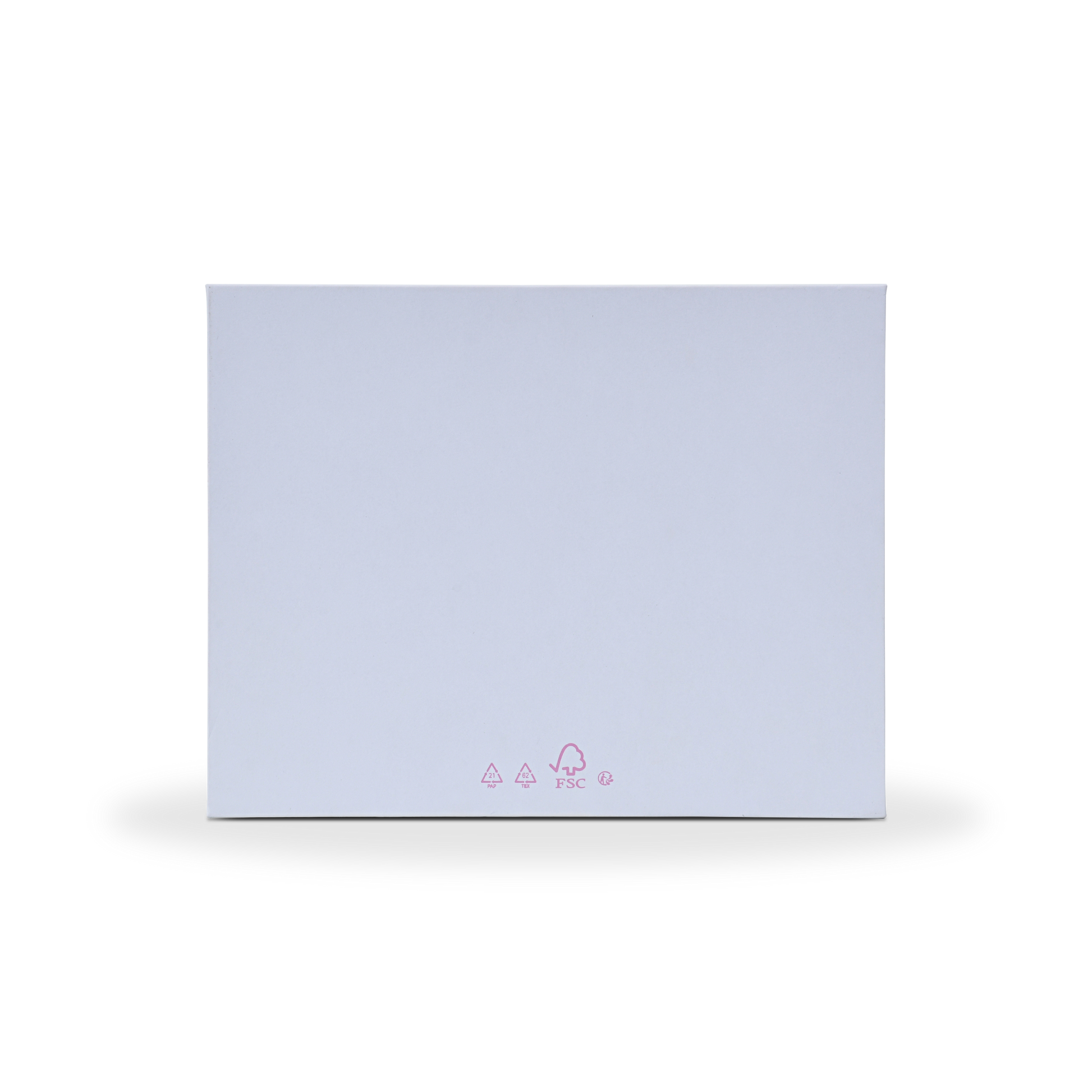 Bottom view of the custom gift box showing eco-friendly FSC packaging certification and recycling symbols printed in pink.