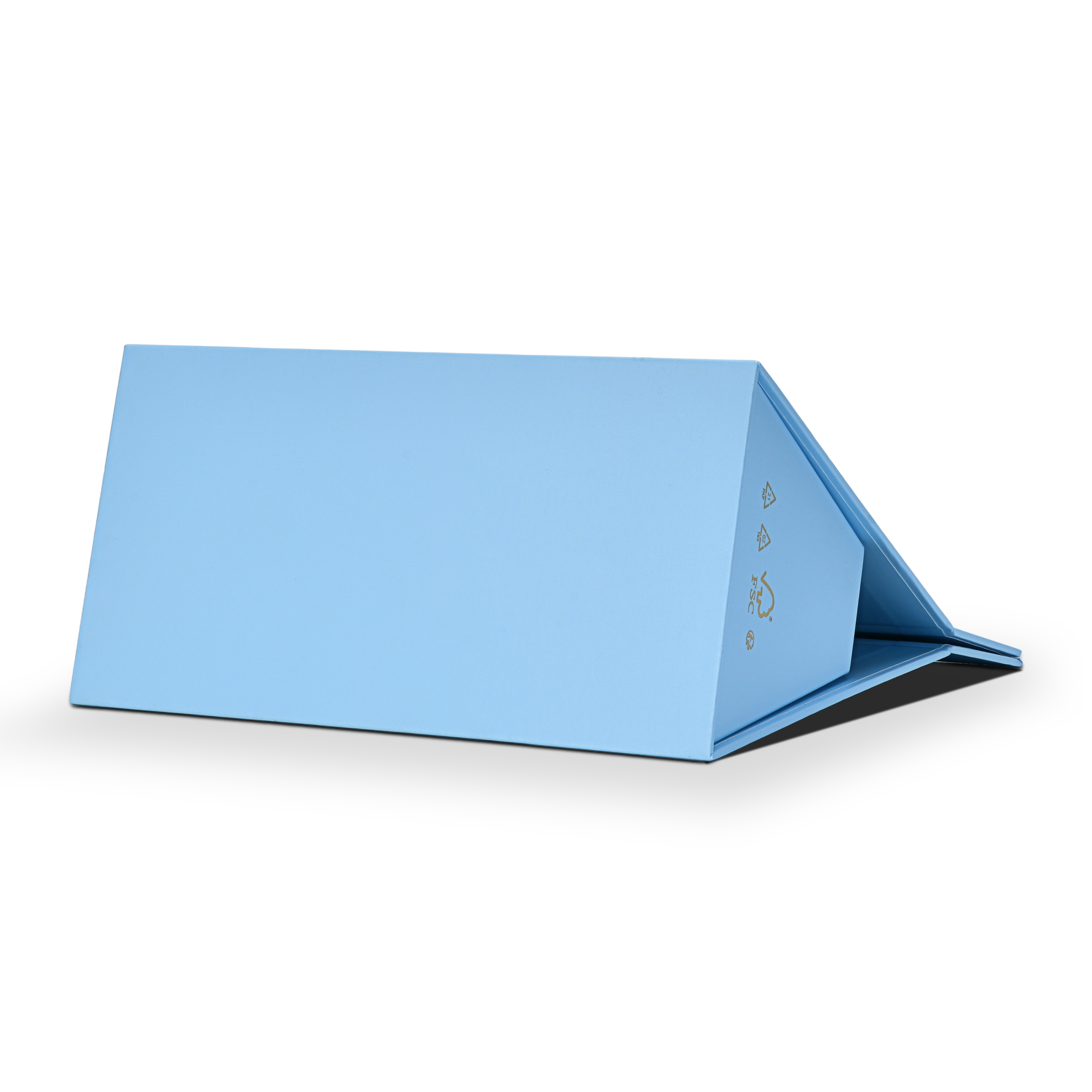 Custom foldable gift box bag with handle shown mid assembly in sky blue soft touch laminated art paper with the front and back panels folding upward from the flat pack position
