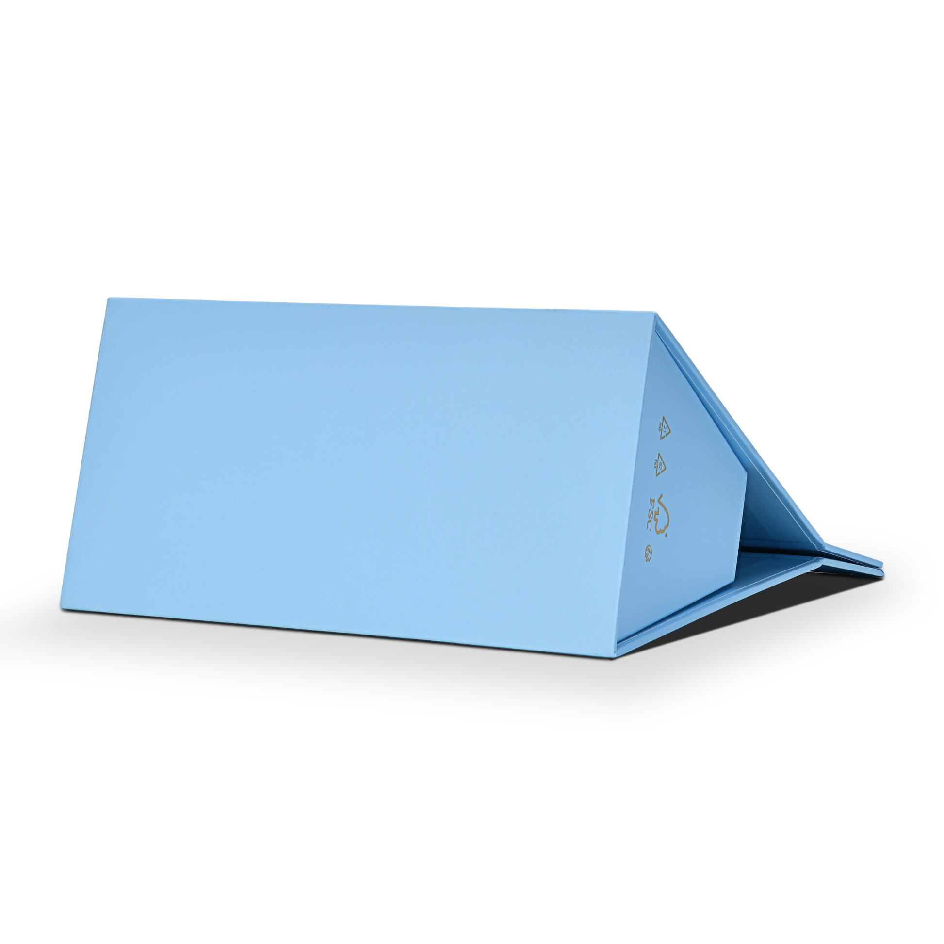 Custom foldable gift box bag with handle shown mid assembly in sky blue soft touch laminated art paper with the front and back panels folding upward from the flat pack position