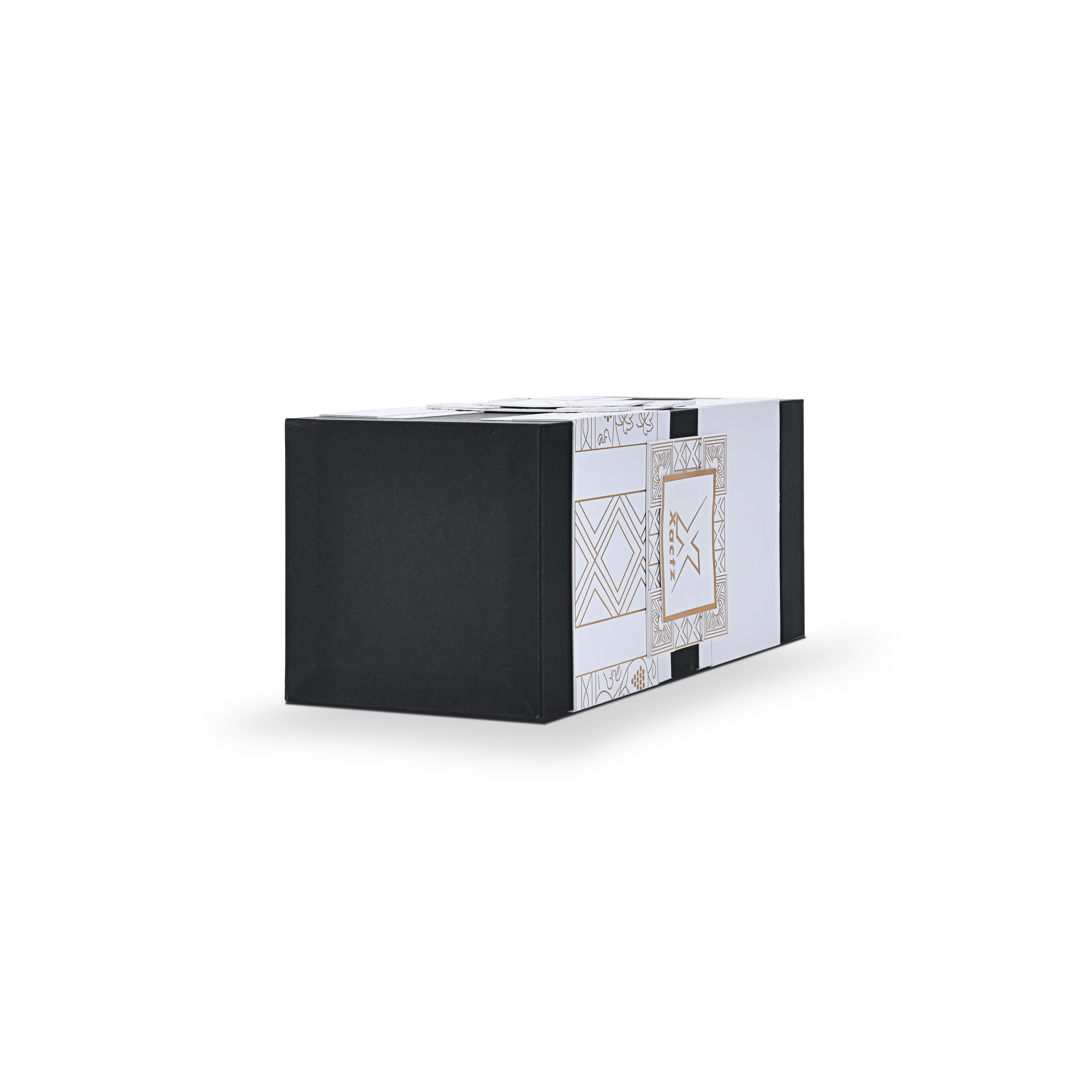 Side profile view of a custom black rigid wine gift box shown in a horizontal position displaying the clean matte black end panel and the gold foil geometric pattern wrapping around the white body of the collared base