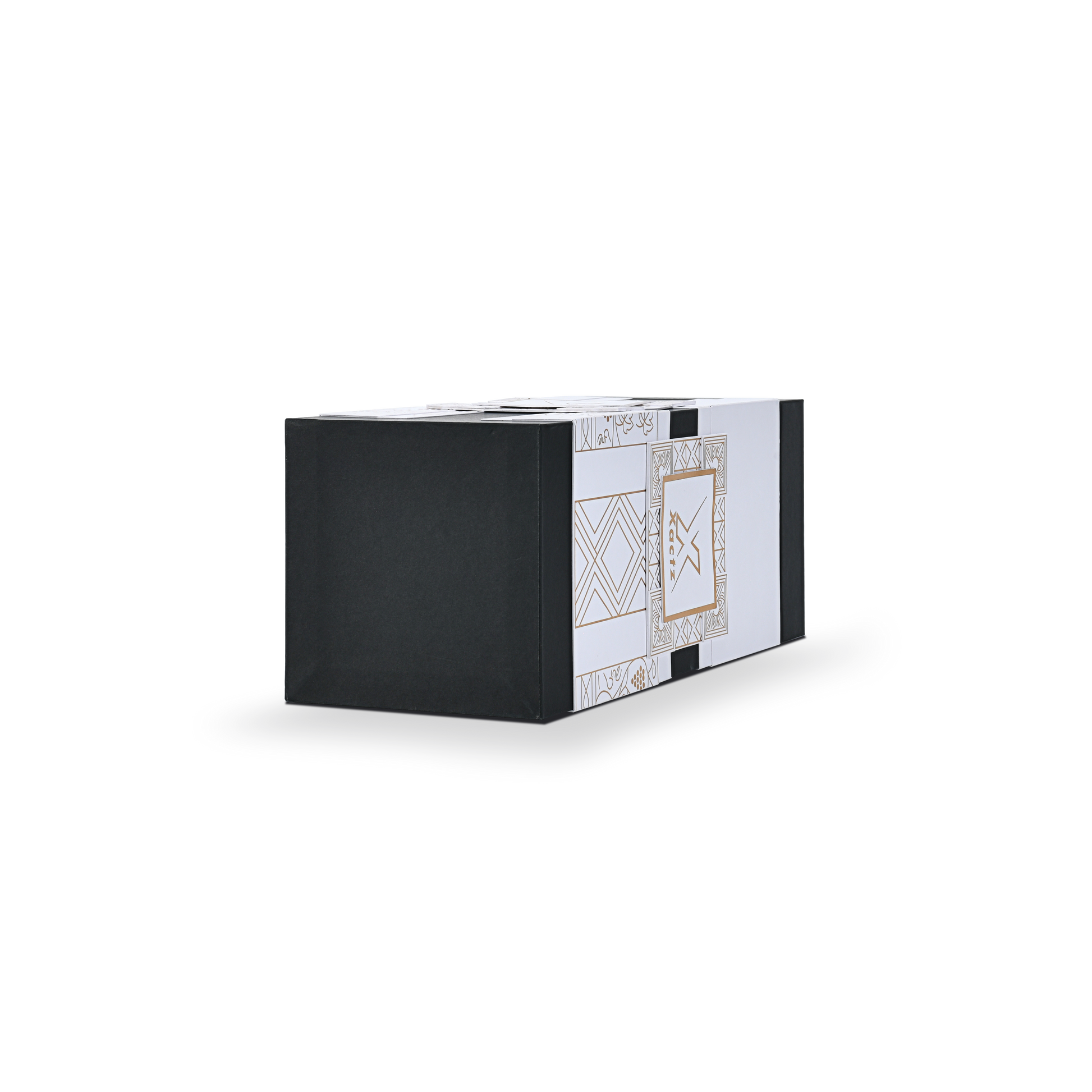 Side profile view of a custom black rigid wine gift box shown in a horizontal position displaying the clean matte black end panel and the gold foil geometric pattern wrapping around the white body of the collared base