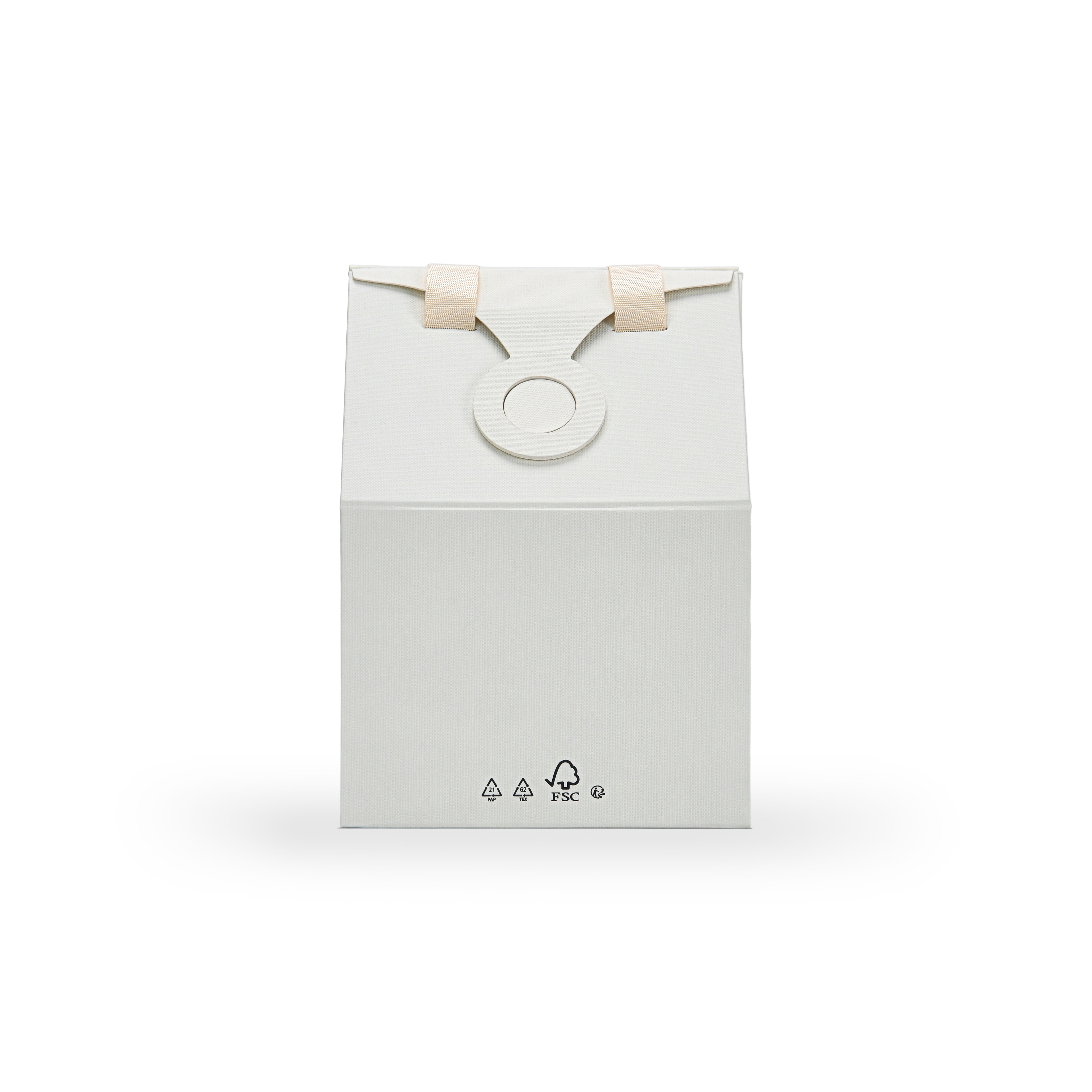 Flat back view of a custom house shaped foldable paper box featuring a round paper lock clasp at the roof and small black FSC certification and recycling logos printed at the bottom