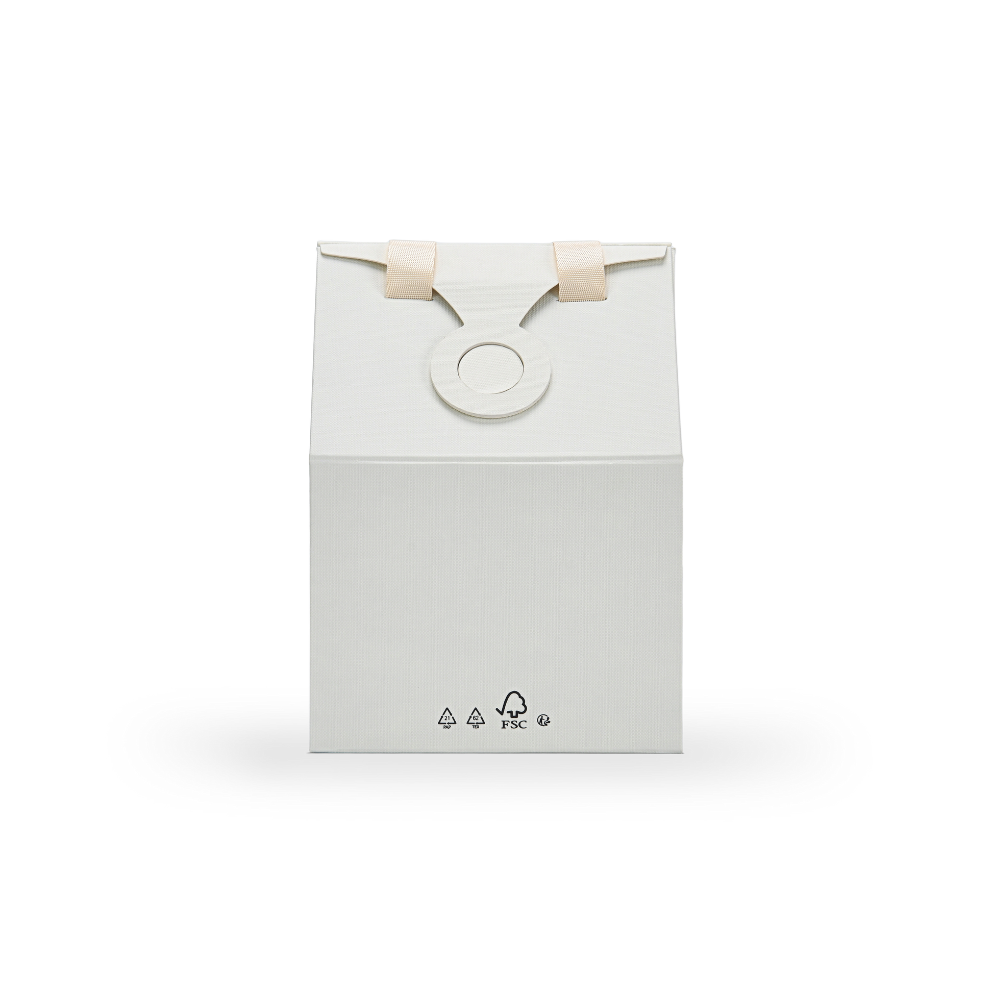 Flat back view of a custom house shaped foldable paper box featuring a round paper lock clasp at the roof and small black FSC certification and recycling logos printed at the bottom