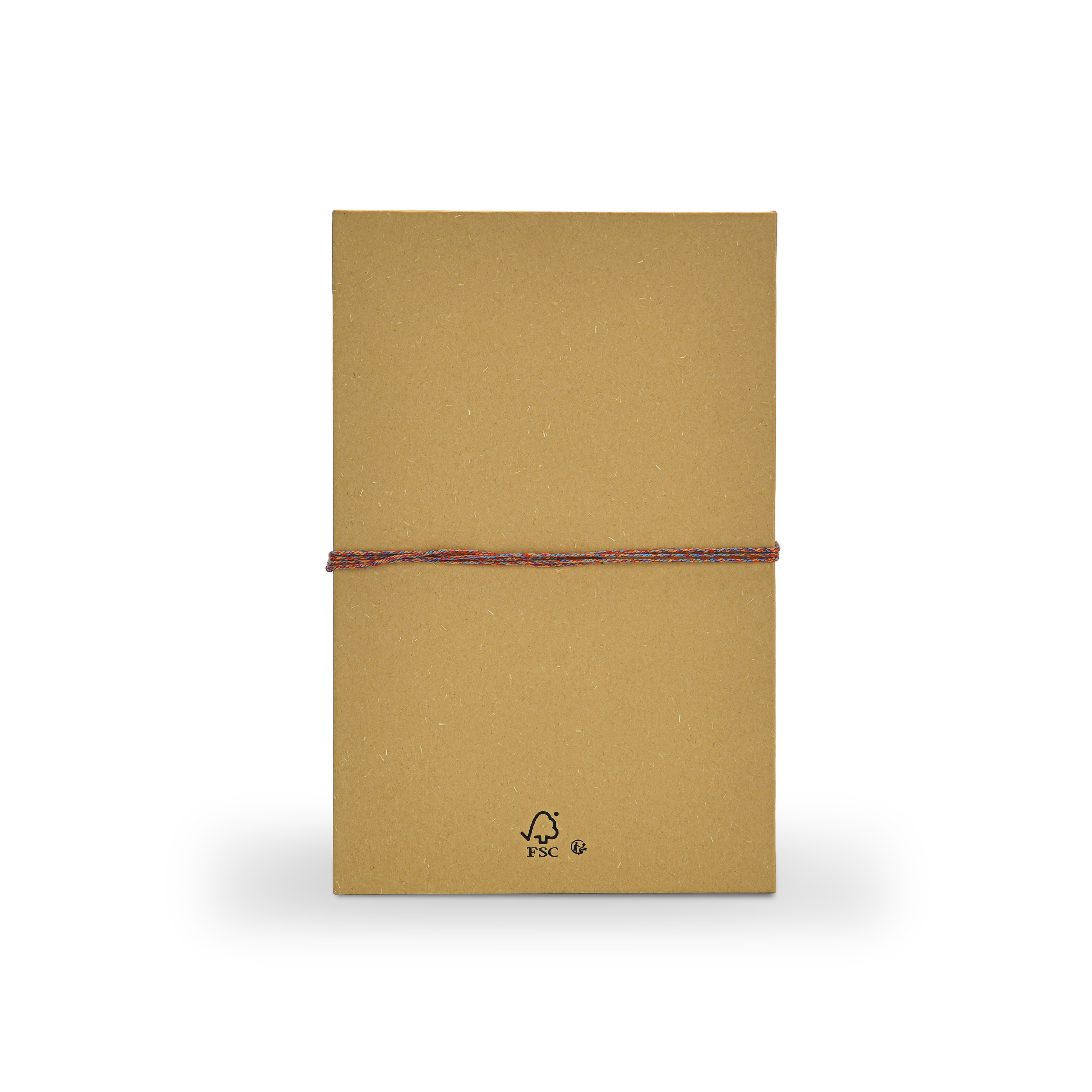 Flat back view of a custom rigid book style perfume gift box in natural ochre yellow paper showing the clean back cover and a small black FSC certification logo printed at the bottom