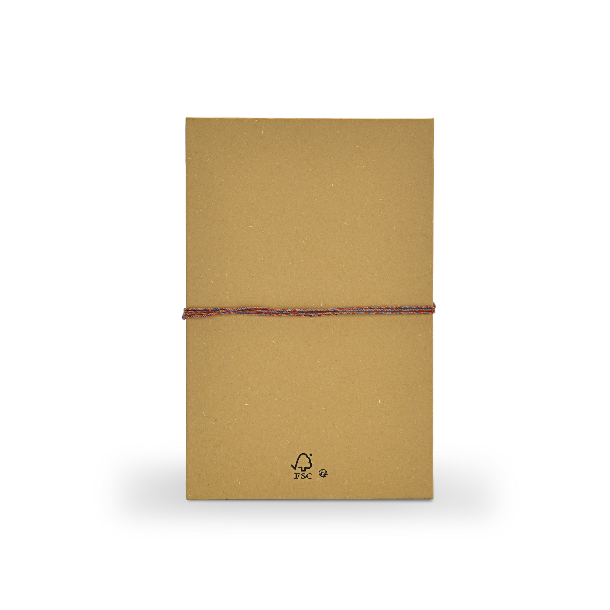 Flat back view of a custom rigid book style perfume gift box in natural ochre yellow paper showing the clean back cover and a small black FSC certification logo printed at the bottom