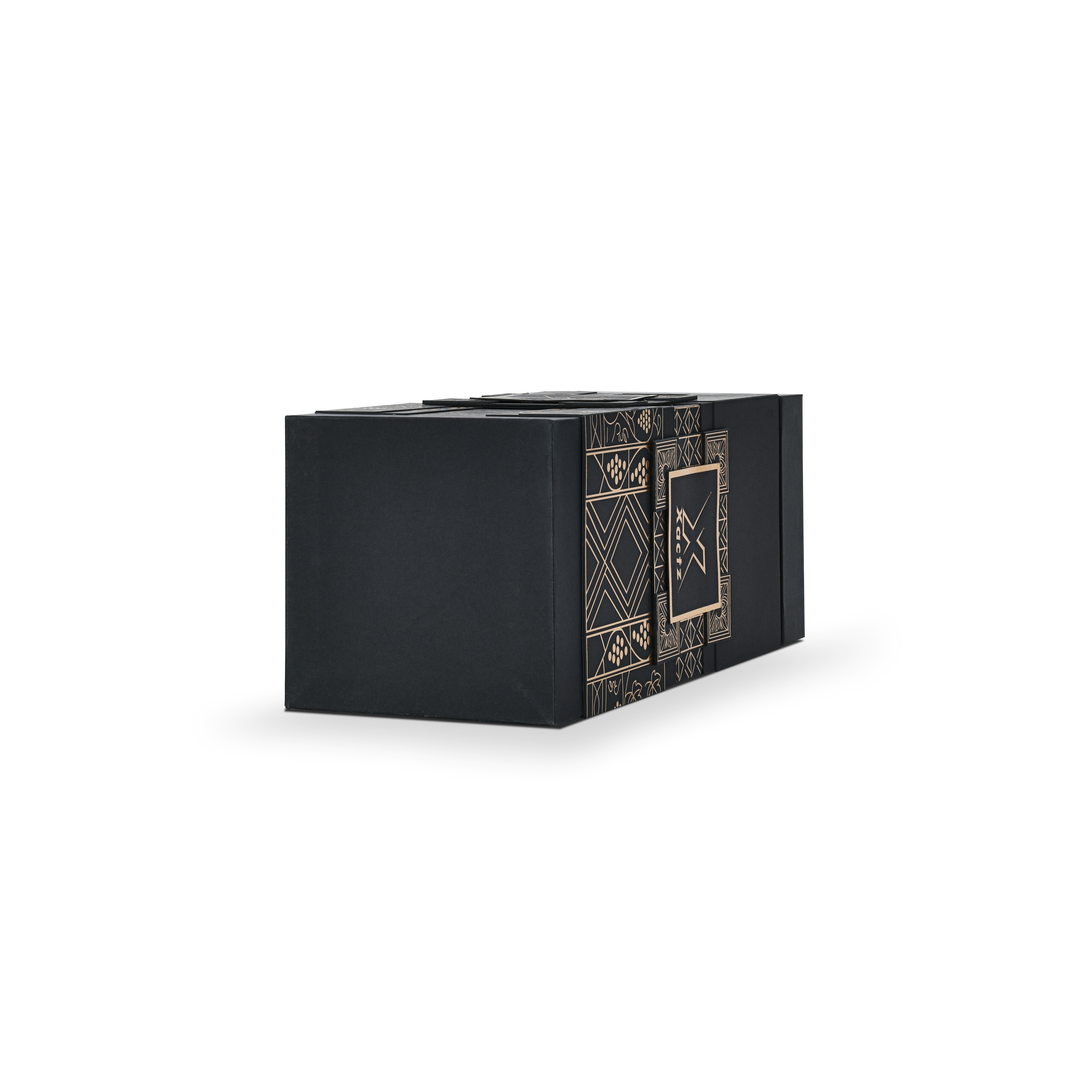 Side profile view of a custom all black rigid wine gift box shown in a horizontal position displaying the clean matte black end panel and the gold foil geometric grape vine illustration wrapping around the black collared base panel