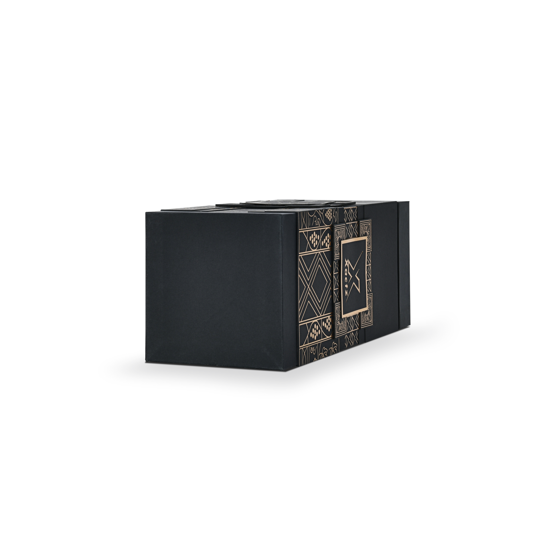 Side profile view of a custom all black rigid wine gift box shown in a horizontal position displaying the clean matte black end panel and the gold foil geometric grape vine illustration wrapping around the black collared base panel