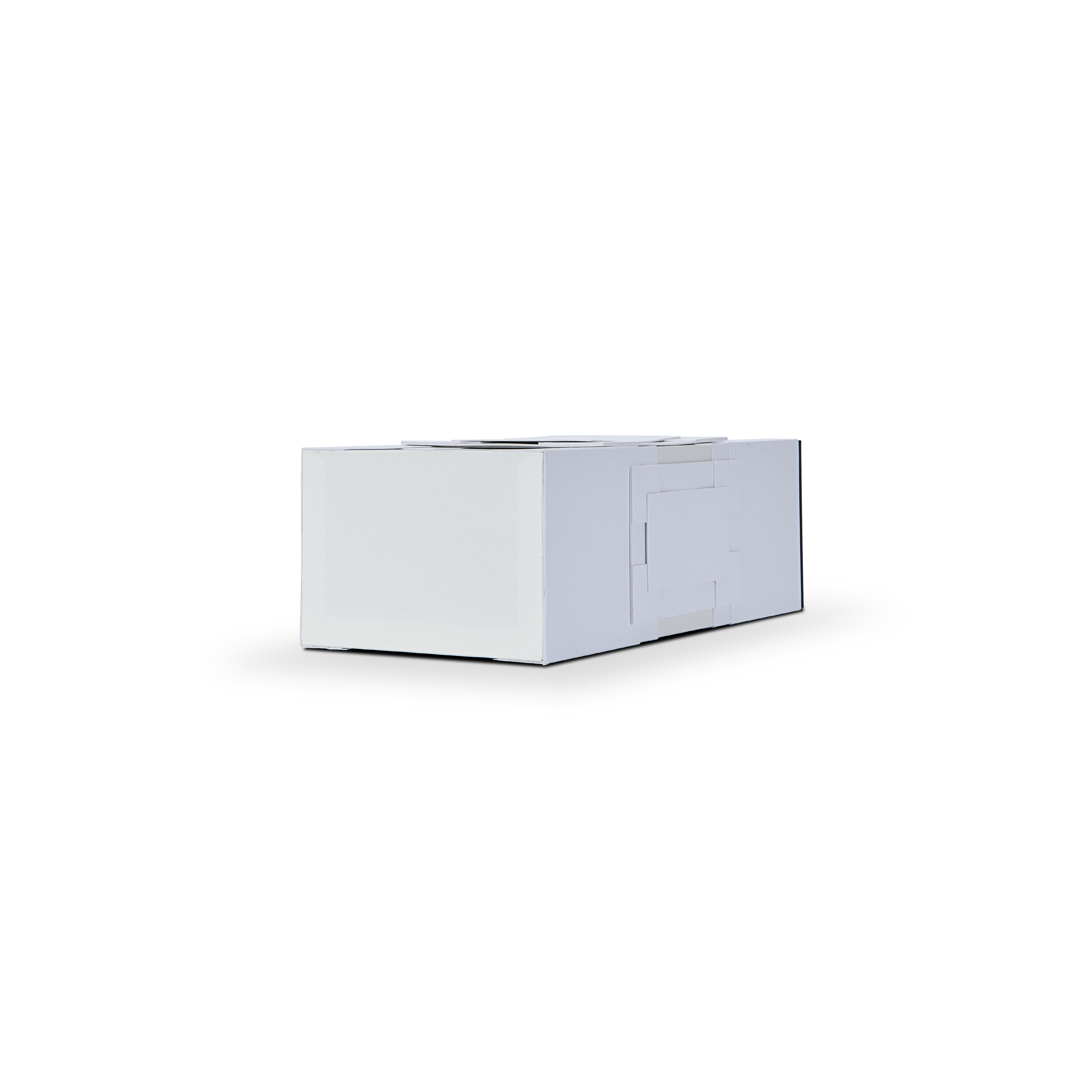 Side horizontal profile view of the premium custom shoulder & collar rigid box showing seamless white paper panel construction.