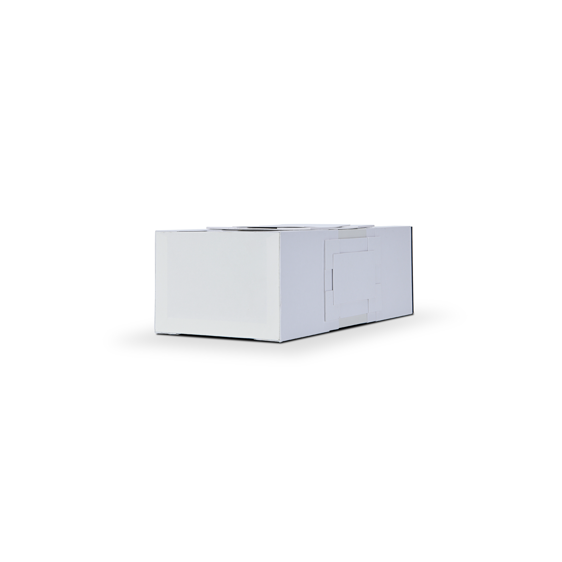 Side horizontal profile view of the premium custom shoulder & collar rigid box showing seamless white paper panel construction.