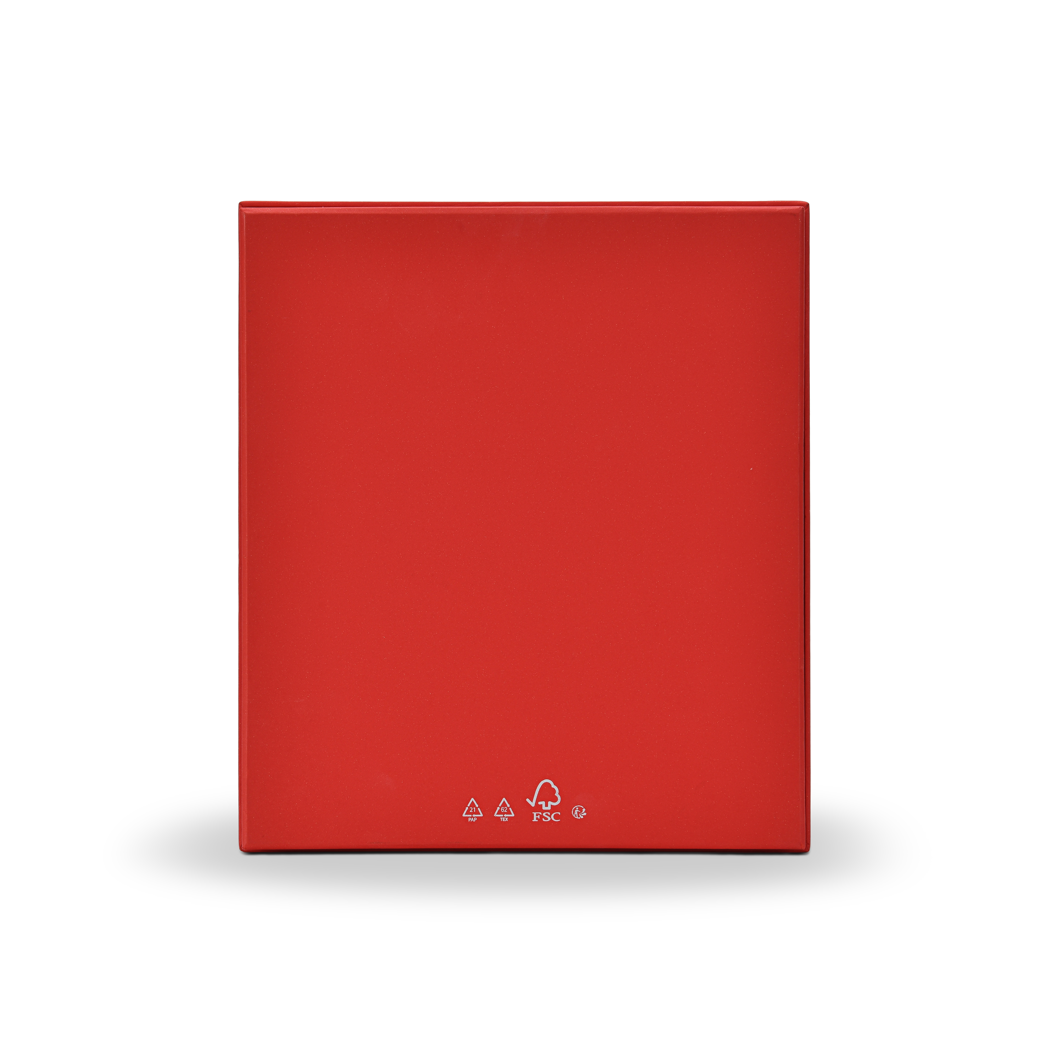 Back view of a custom red lid and base gift box for cosmetics showing the clean deep red star rain specialty paper back panel with FSC recycling and environmental certification logos printed in silver foil at the base confirming sustainable packaging credentials