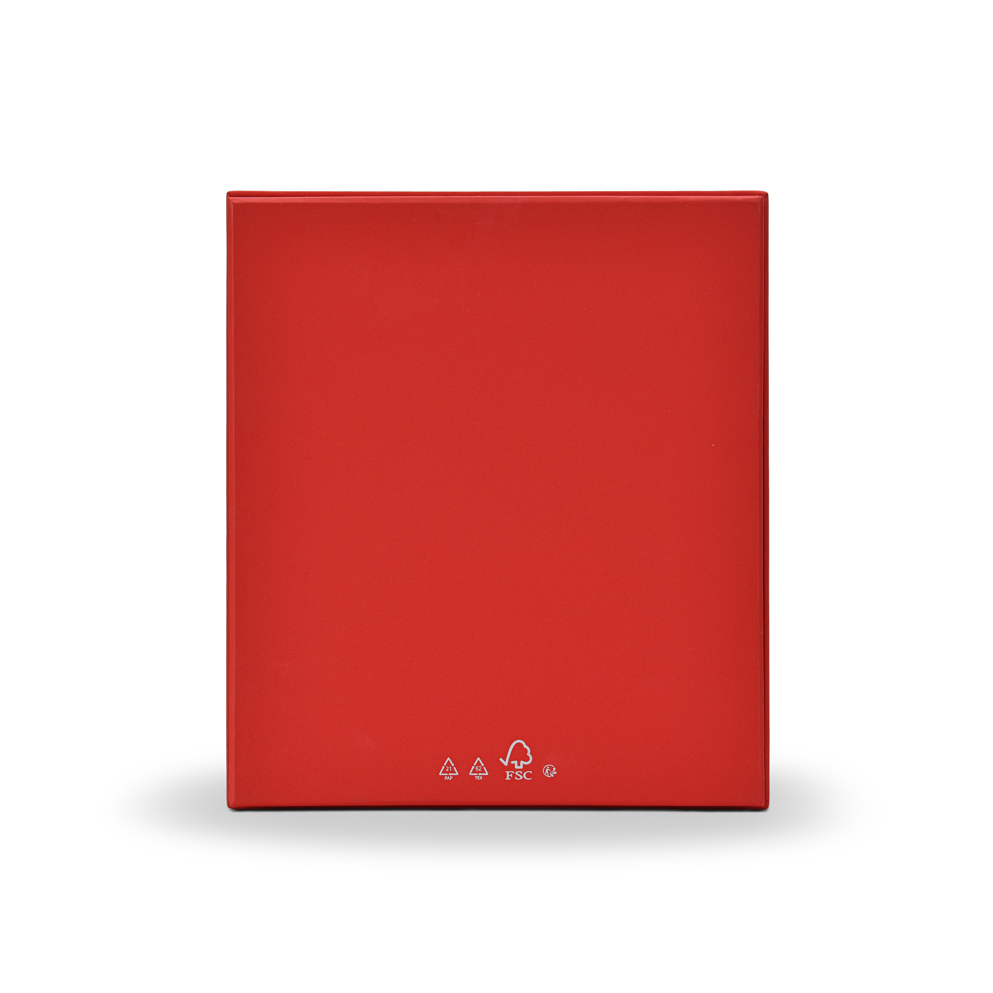 Back view of a custom red lid and base gift box for cosmetics showing the clean deep red star rain specialty paper back panel with FSC recycling and environmental certification logos printed in silver foil at the base confirming sustainable packaging credentials
