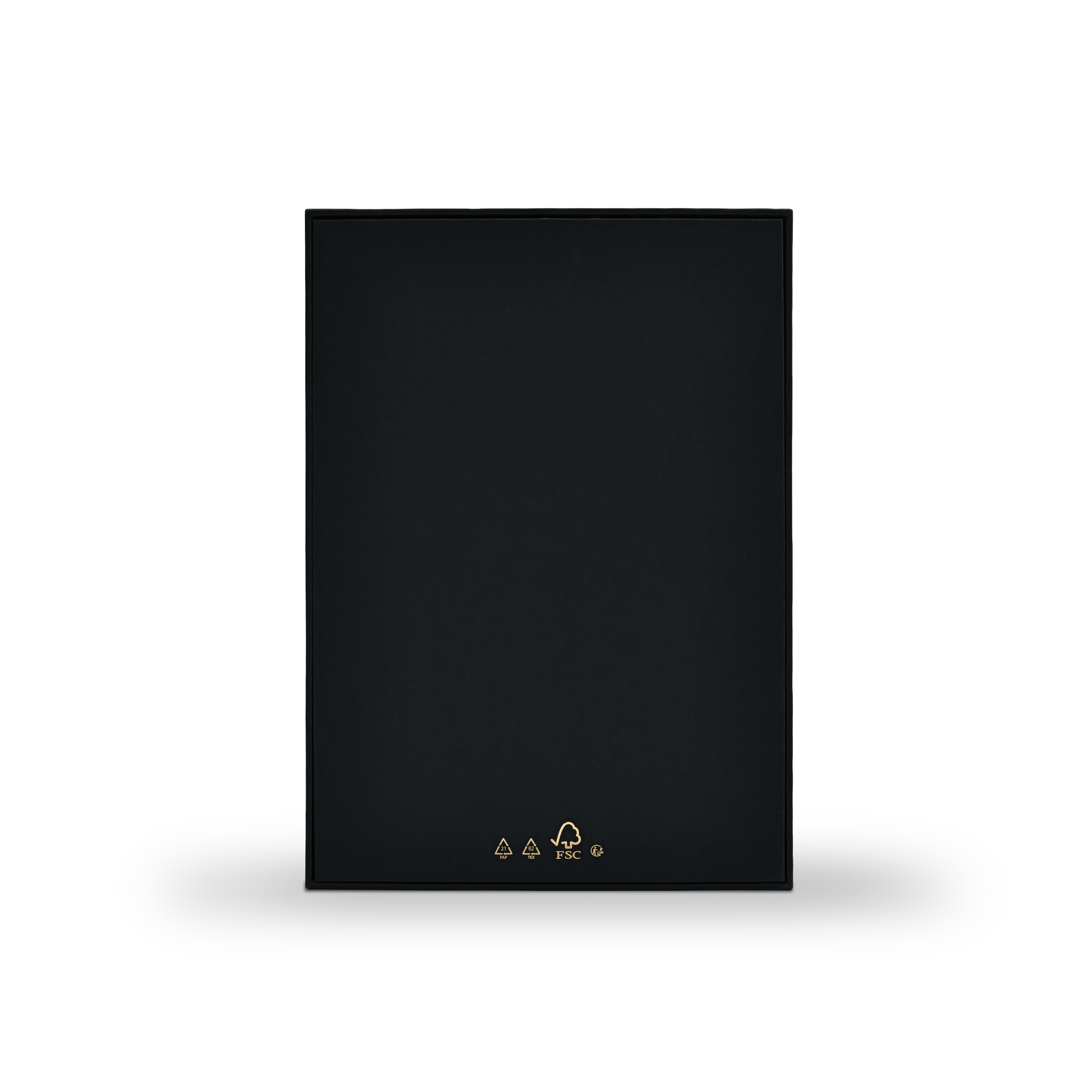 Back view of premium black rigid wine gift box showing FSC certification, recycling symbols and matte gold foil compliance marks