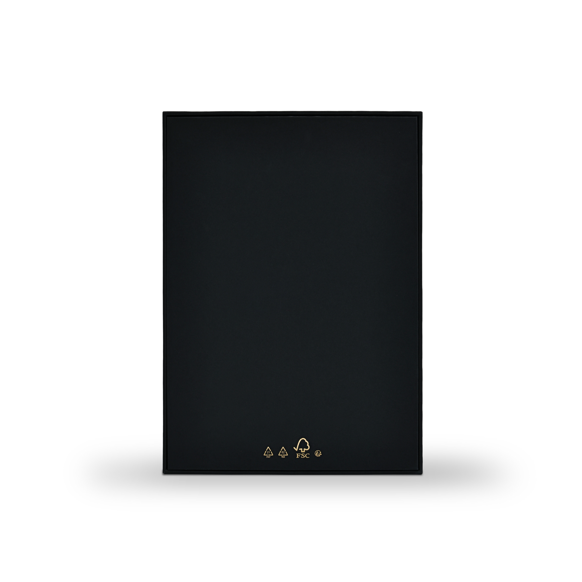 Back view of premium black rigid wine gift box showing FSC certification, recycling symbols and matte gold foil compliance marks