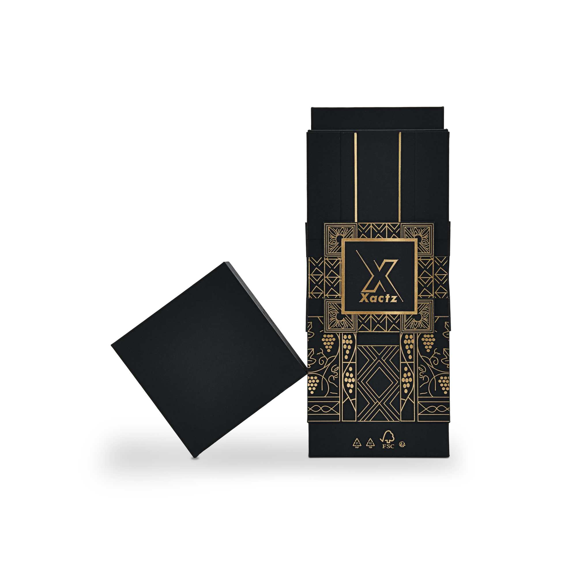 Custom all black rigid wine gift box with the matte black square lid removed and tilted at a diagonal angle beside the upright black collared base showing the full gold foil grape vine and geometric tile illustration and the FSC certification marks printed in gold at the base
