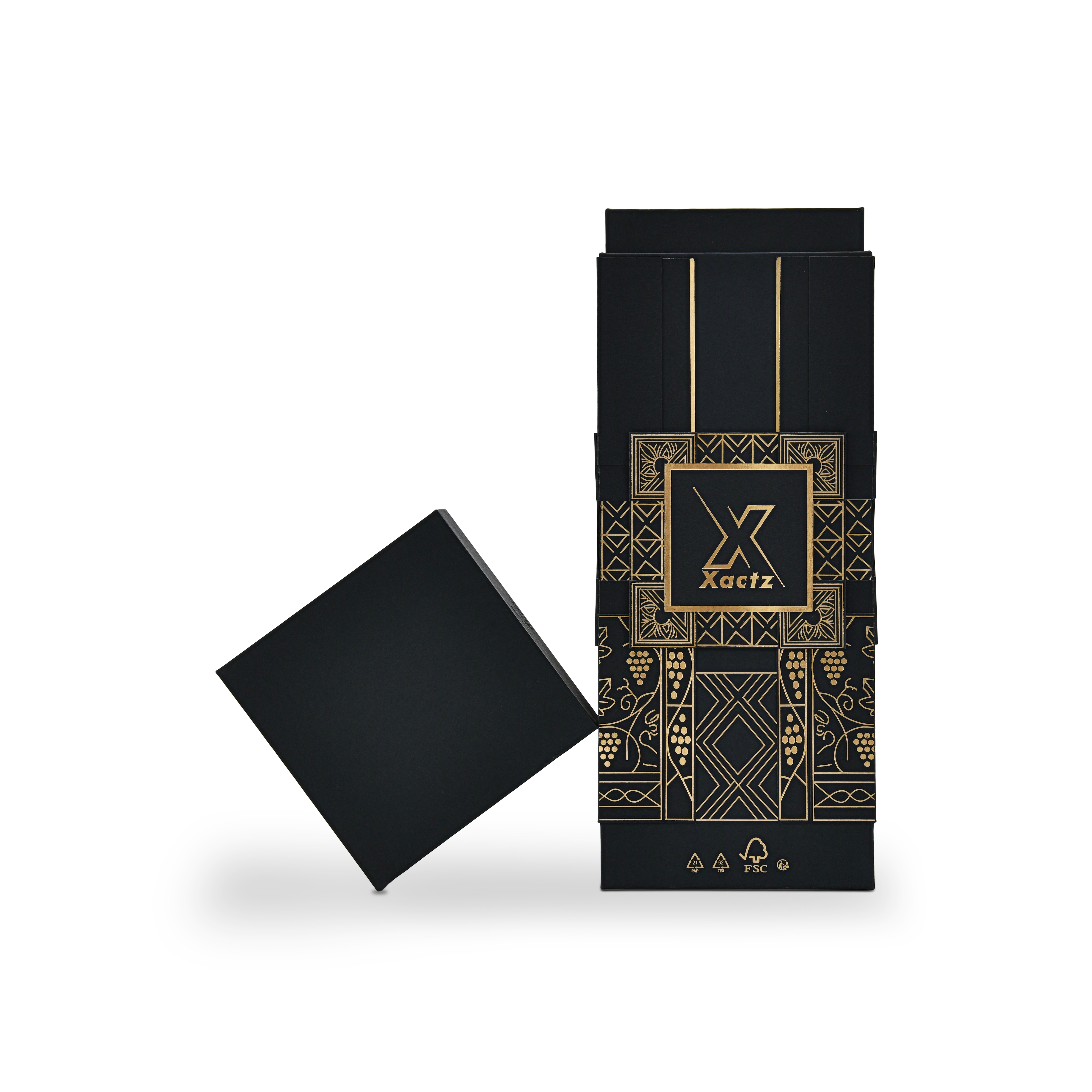 Custom all black rigid wine gift box with the matte black square lid removed and tilted at a diagonal angle beside the upright black collared base showing the full gold foil grape vine and geometric tile illustration and the FSC certification marks printed in gold at the base