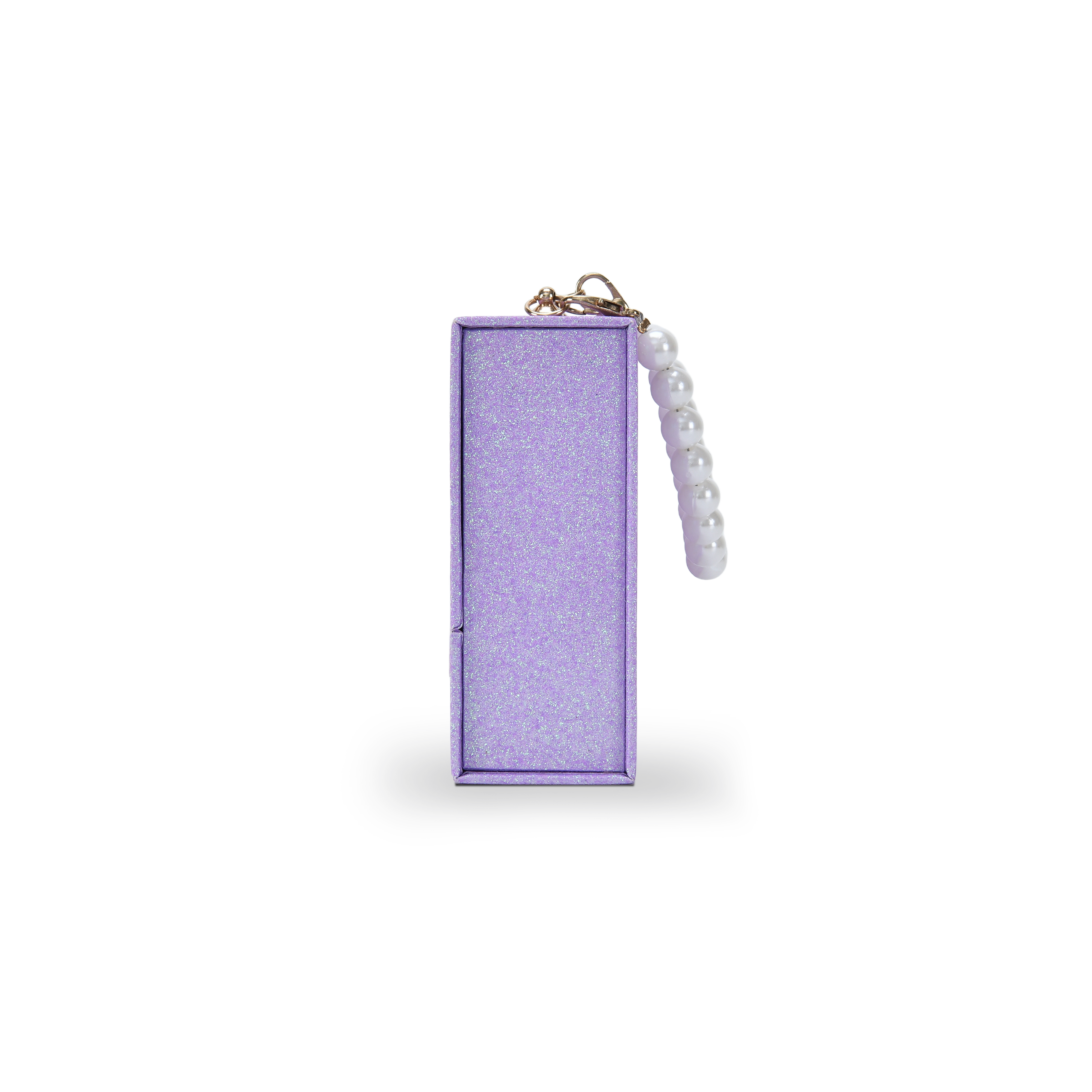 Narrow end view of a custom purple glitter rigid makeup gift box with luxury packaging shown upright displaying the clean iridescent purple glitter end panel with the white pearl bead chain handle hanging from the gold hardware clip attachment point at the top corner