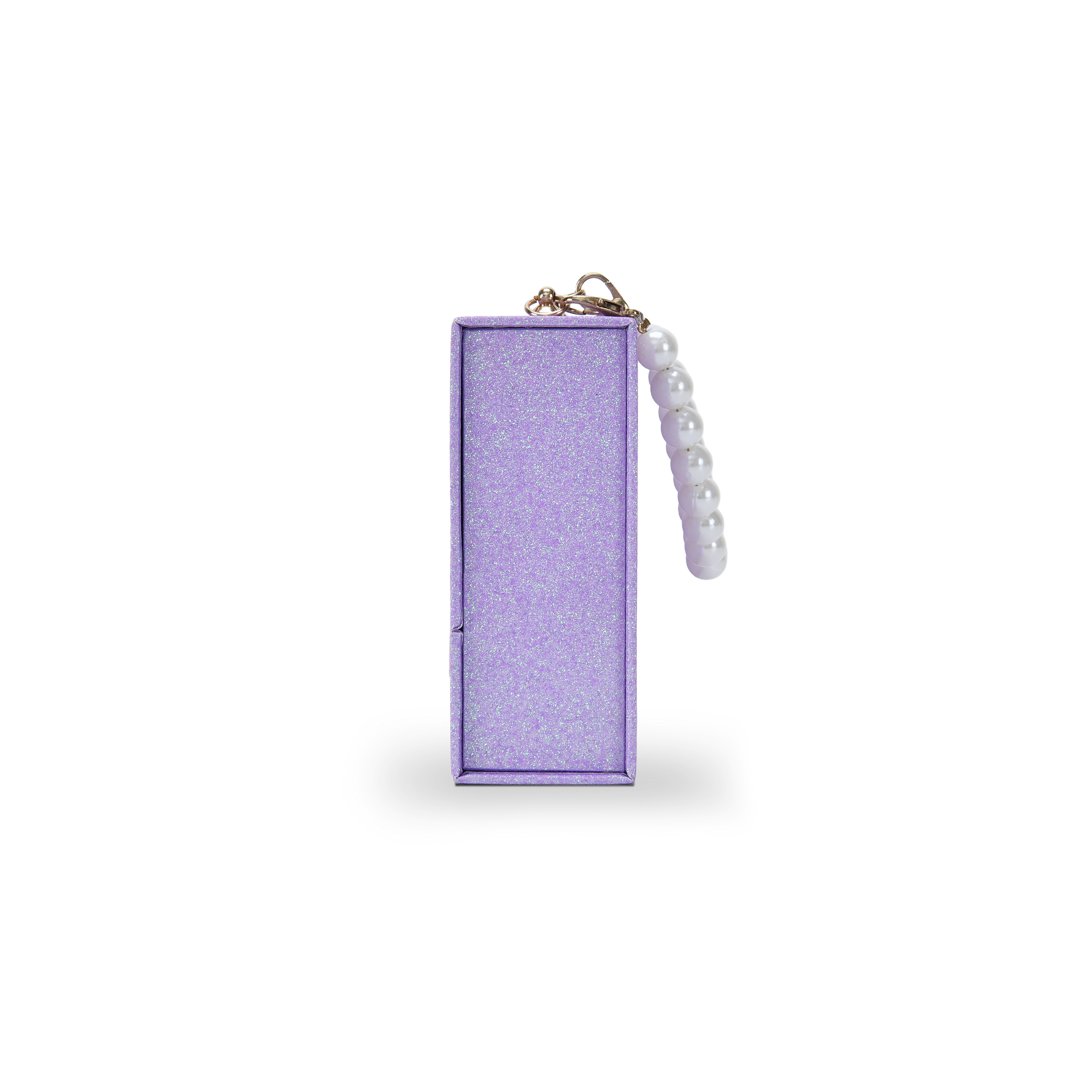 Narrow end view of a custom purple glitter rigid makeup gift box with luxury packaging shown upright displaying the clean iridescent purple glitter end panel with the white pearl bead chain handle hanging from the gold hardware clip attachment point at the top corner