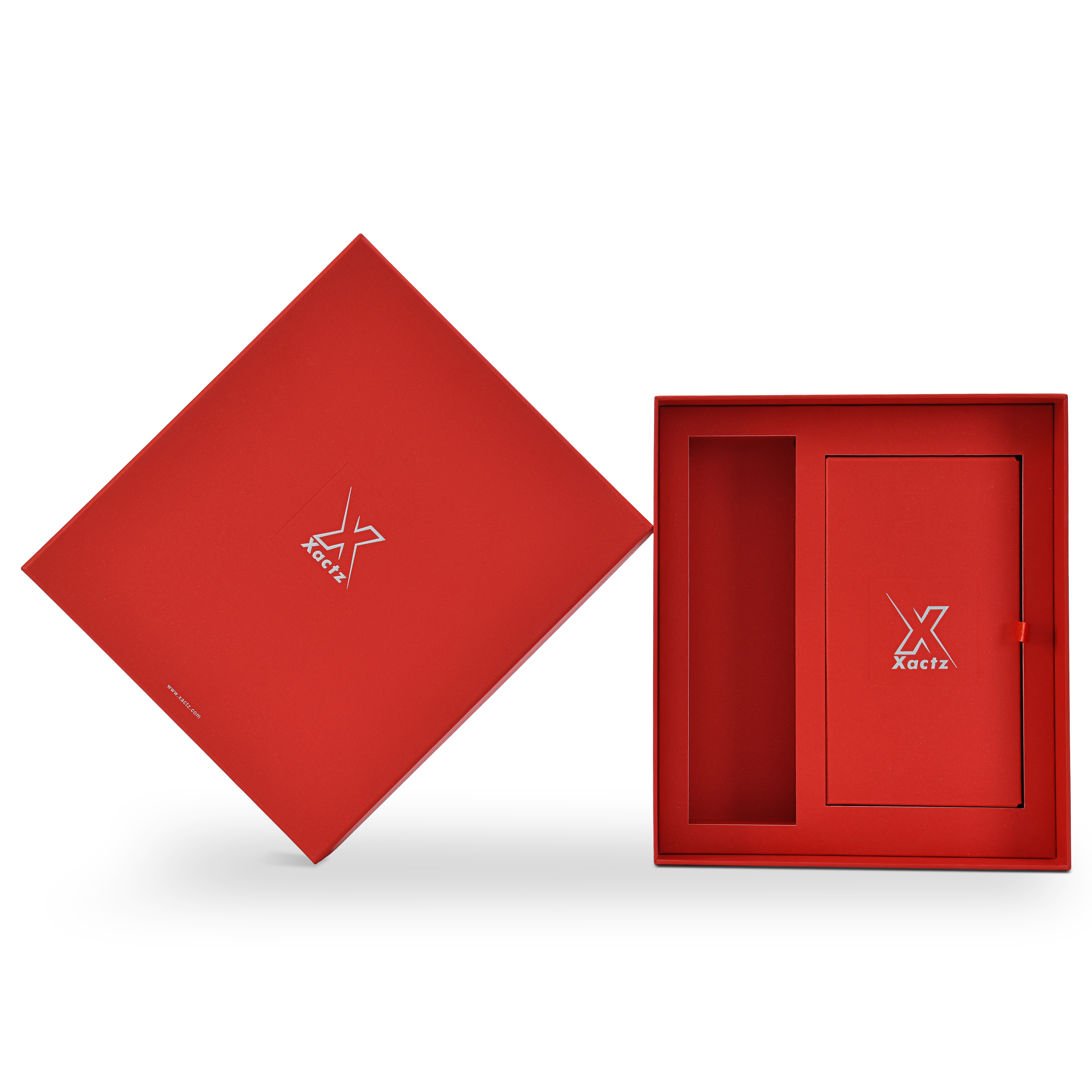Angled overhead view of an open custom red lid and base gift box for cosmetics with the lid tilted away showing the full red star rain specialty paper interior with the matching red inner tray containing a tall product cavity on the left and a branded Xactz card insert panel with silver foil logo and red ribbon pull tab on the right