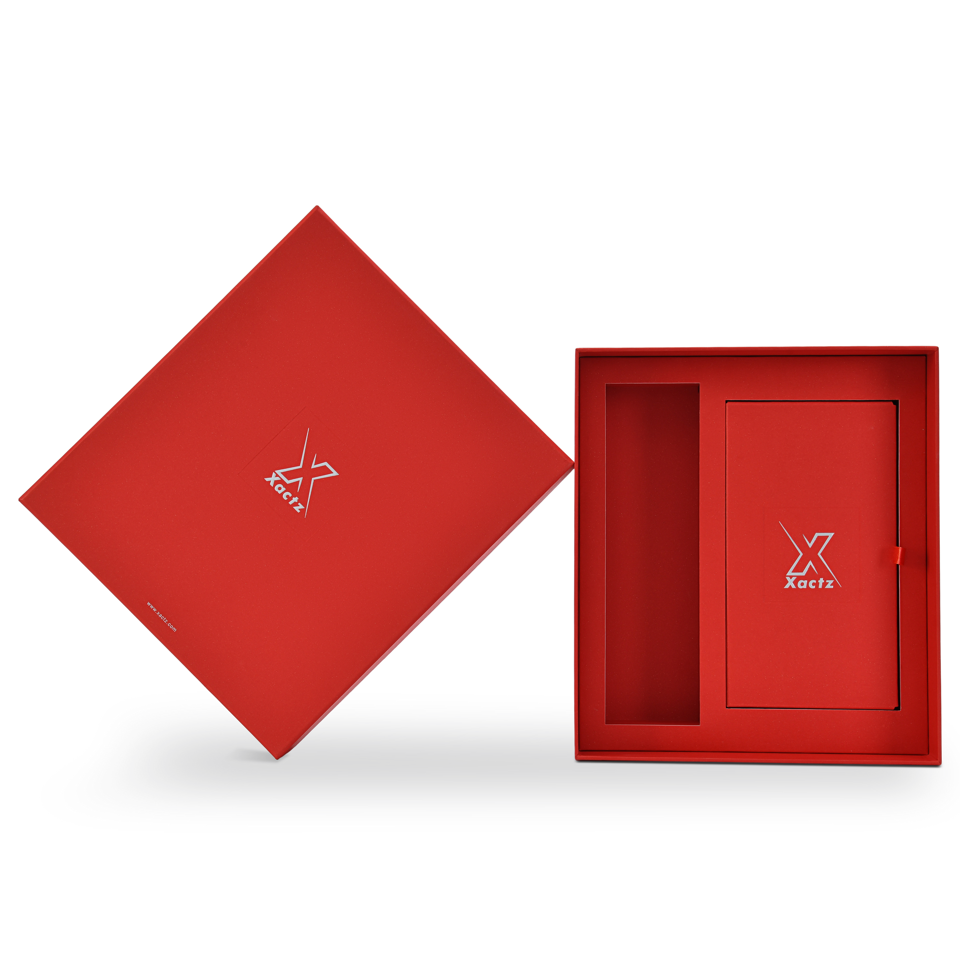 Angled overhead view of an open custom red lid and base gift box for cosmetics with the lid tilted away showing the full red star rain specialty paper interior with the matching red inner tray containing a tall product cavity on the left and a branded Xactz card insert panel with silver foil logo and red ribbon pull tab on the right